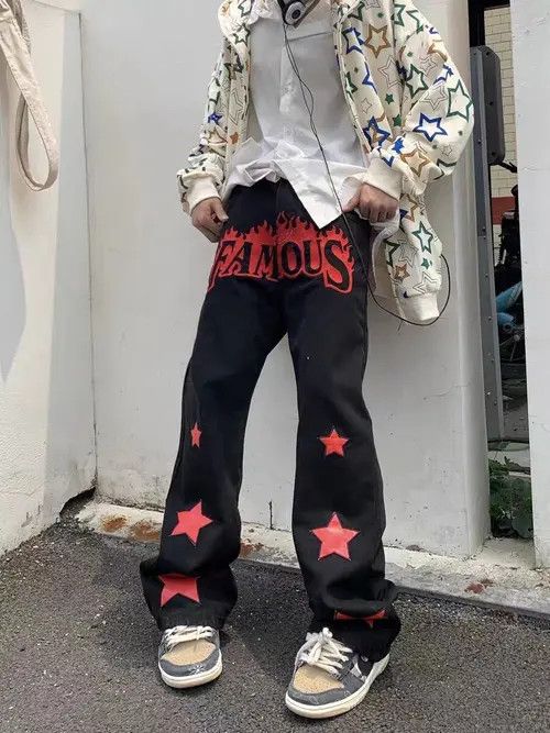 Japanese Brand × Jean Vintage red star patch embroidered straight-leg jeans Size US 32 / EU 48 - 1 Thumbnail