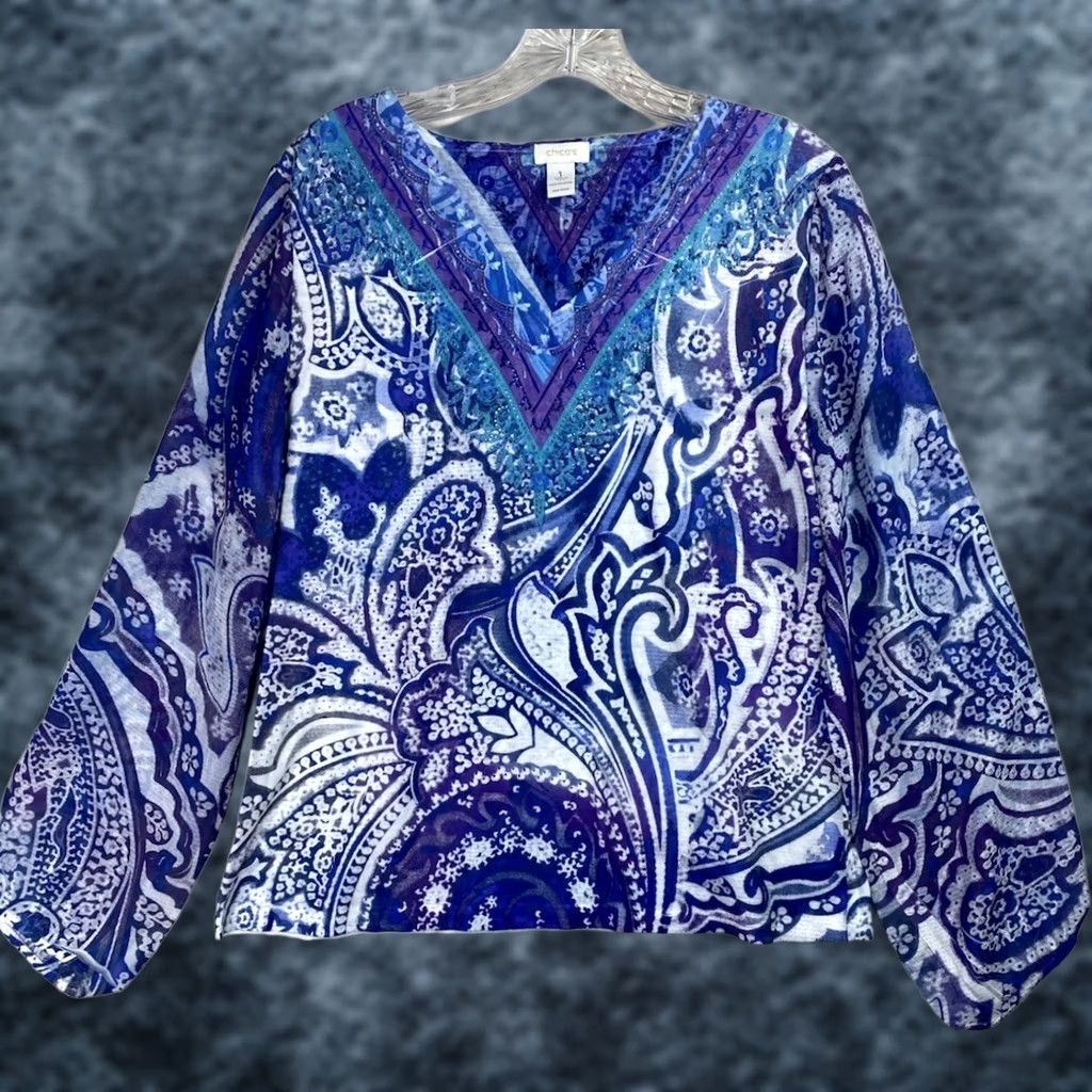 Vintage Chico's Paisley Print Top Sz 1 M Blue V-Neck Burnout Studded Shirt Womens Slim Knit Blouse Casual Summer Spring Fall Size M / US 6-8 / IT 42-44 - 1 Thumbnail