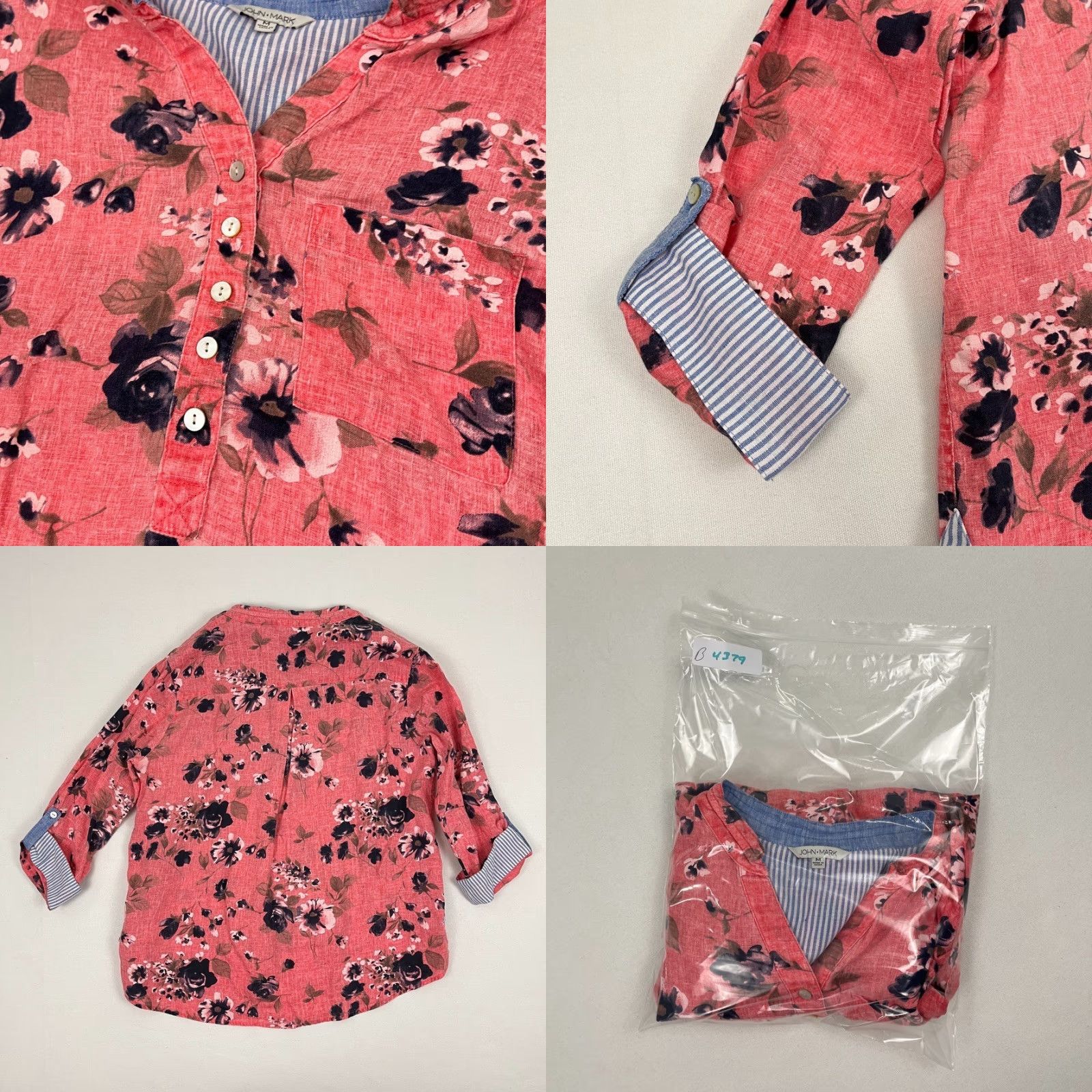 Vintage John Mark Blouse Womens M Pink Floral Linen Popover Roll Tab Wired Collar Boho Size M / US 6-8 / IT 42-44 - 8 Thumbnail