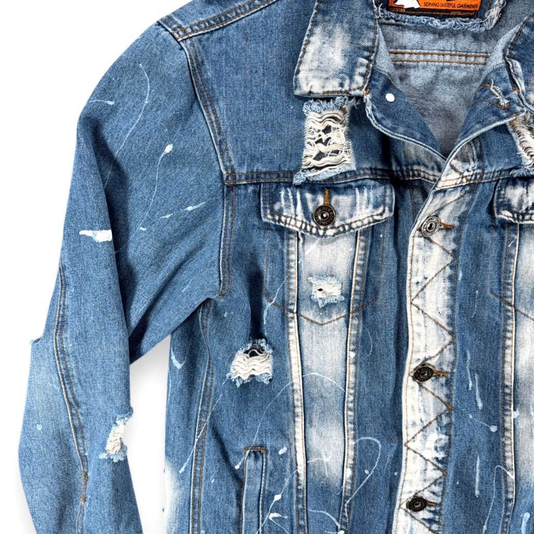 Denime Rolling Paper Jacket Mens LARGE Blue Jean Denim Distressed Splatter 90s Punk Retro Rock Casual Size Large Size US 33 - 6 Thumbnail
