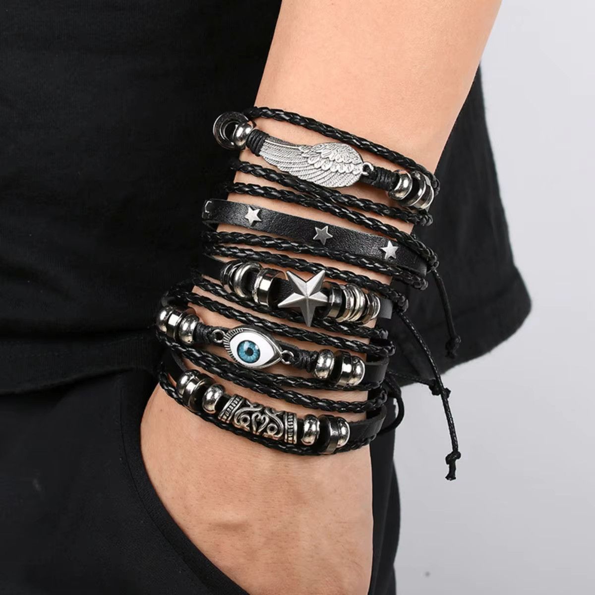 Jewelry Evil Eye Wing Star Braided Punk Style Bracelet Size ONE SIZE - 1 Thumbnail