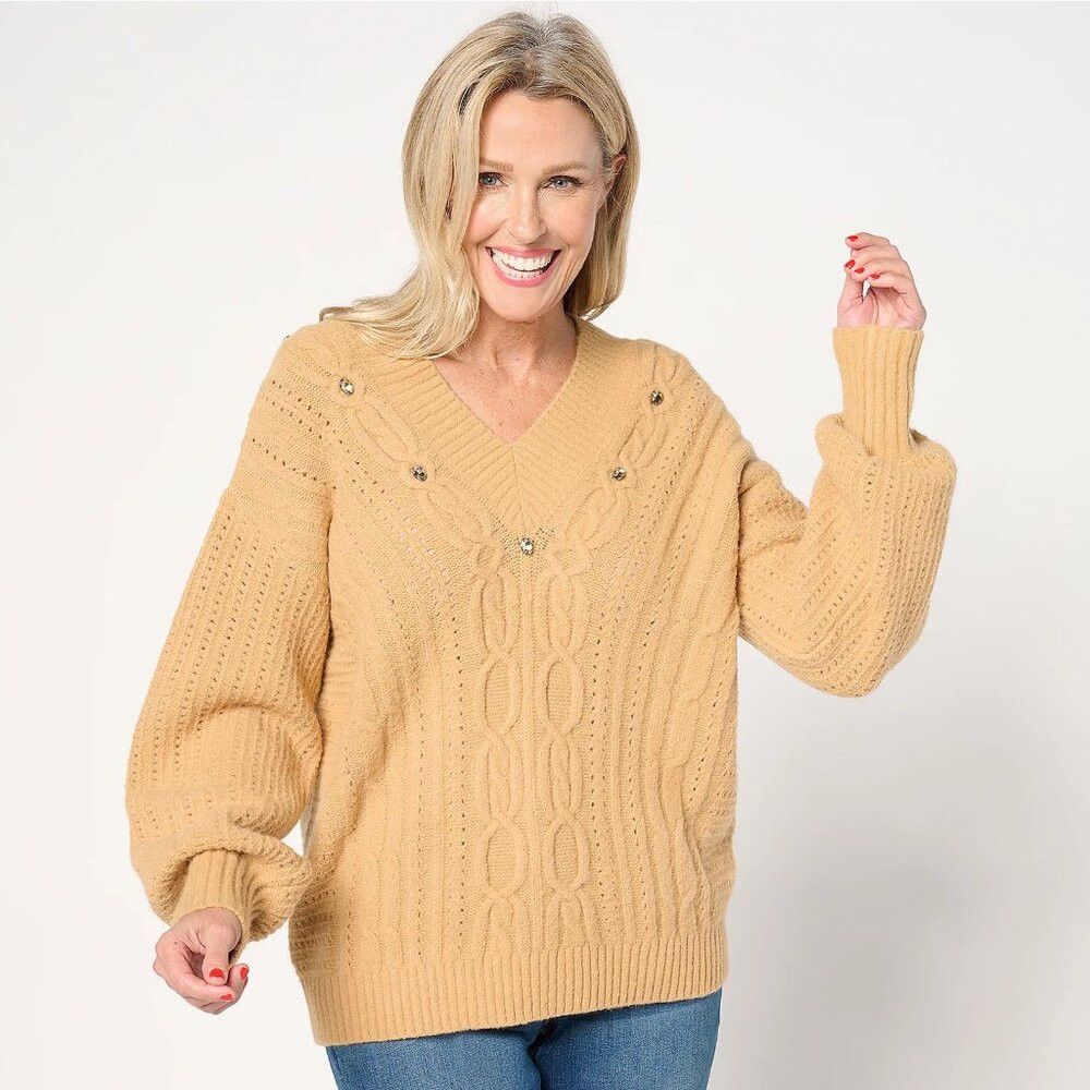 Isaac Mizrahi New Isaac Mizrahi Live! Apres V-Neck Cable Stitch Fawn Swea Size XS / US 0-2 / IT 36-38 - 1 Thumbnail