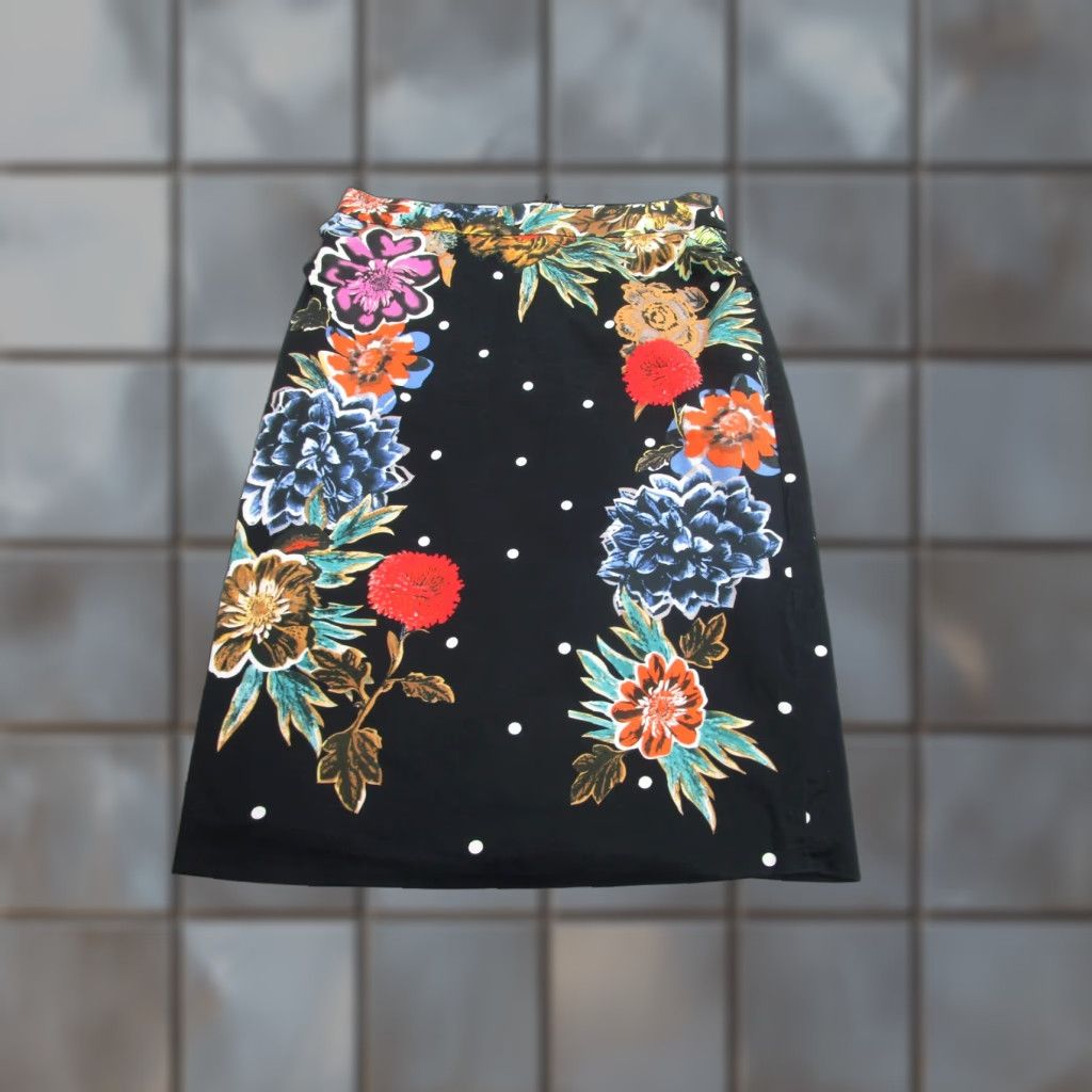 Vintage Baraschi Skirt Womens 6 Black Floral Polka Dot Pencil Knee Length Lined Stretch Size 28" / US 6 / IT 42 - 1 Thumbnail