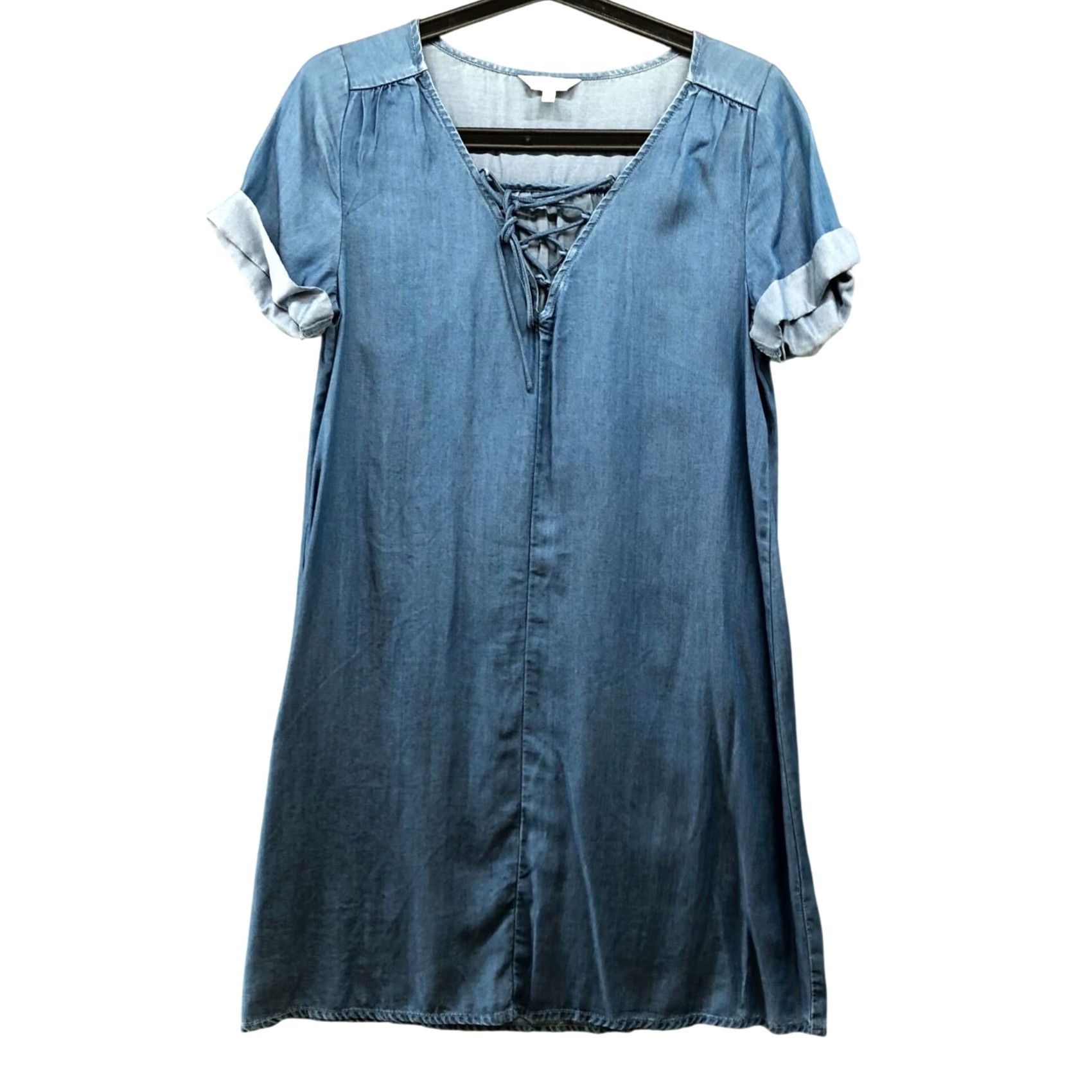 Lucky Brand Lucky Brand Chambray Dress Womens XS Blue Short Sleeve Lace Up Lyocell Mini Bohemian Slim Fit Casual Womens XS Size 26" / US 2 / IT 38 - 2 Thumbnail