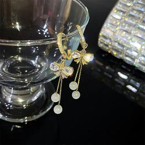 Other Women's Crystal Bow Tassel Dangle Drop Hoop Earrings Size ONE SIZE - 3 Thumbnail