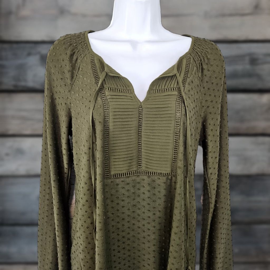 Olive Daniel Rainn Womens Top Sz S Olive Green Long Sleeve Swiss Dot Pleated Blouse Mens Womens Size S / US 4 / IT 40 - 1 Thumbnail