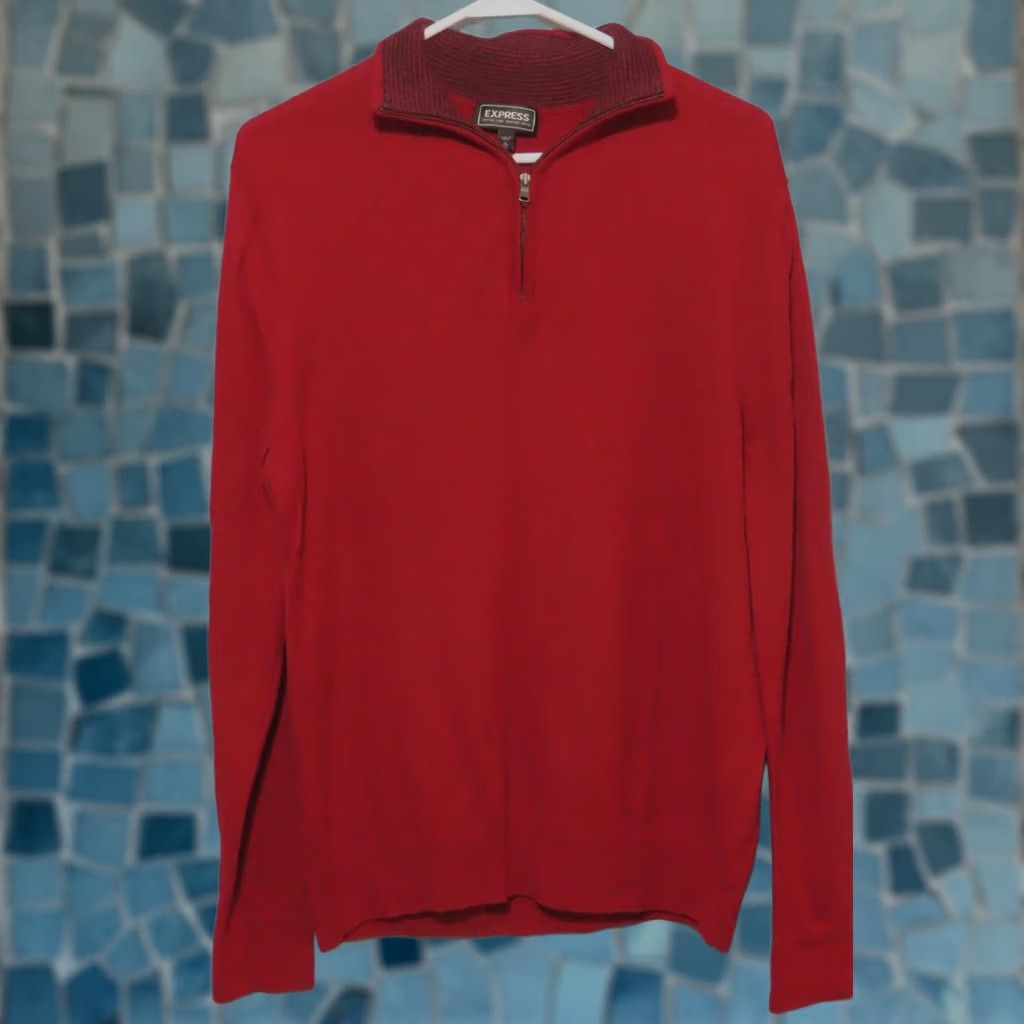 Express Express Mens XL Sweater Shirt 1/4 Zip Red Merino Wool Mock Neck Classic Preppy Lightweight Knit All Seasons Regular Fit Mens Size US XL / EU 56 / 4 - 1 Thumbnail