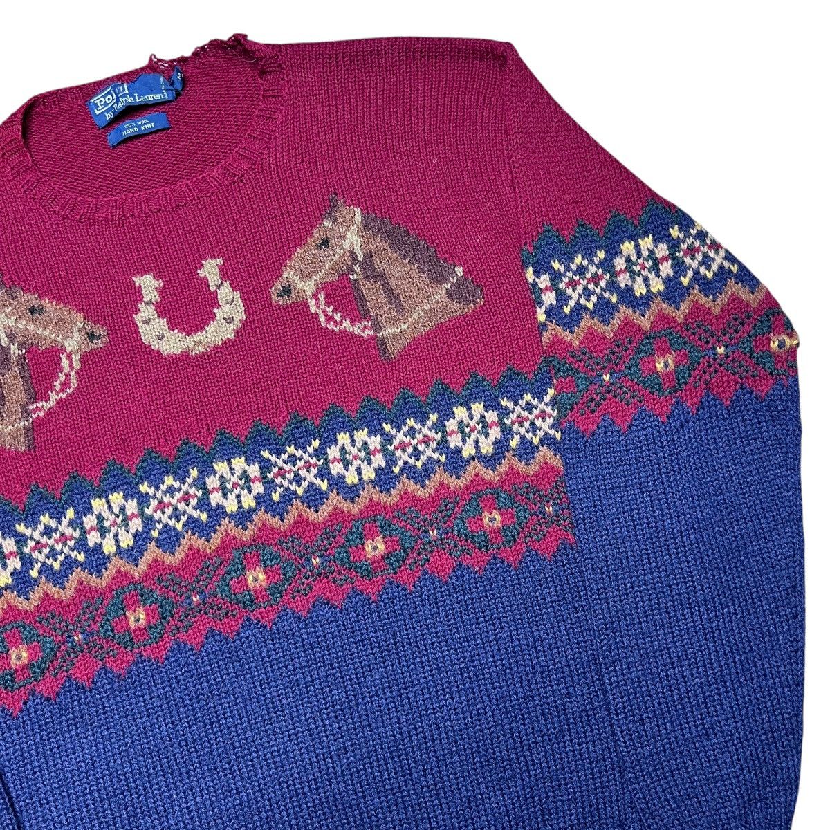 Polo Ralph Lauren × Vintage 1990s Polo Ralph Lauren Horse Horseshoe Hand Knit Sweater Size US M / EU 48-50 / 2 - 17 Thumbnail