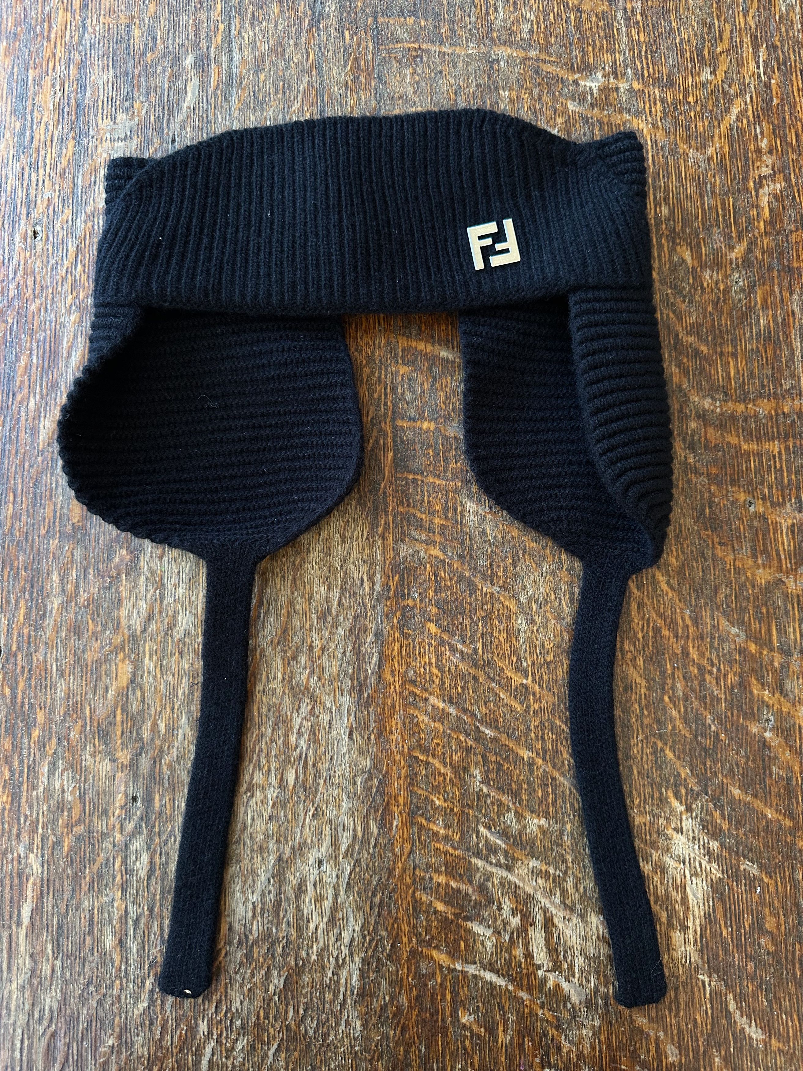 image of Fendi Ear Flap Wool Hat in Black, Men's