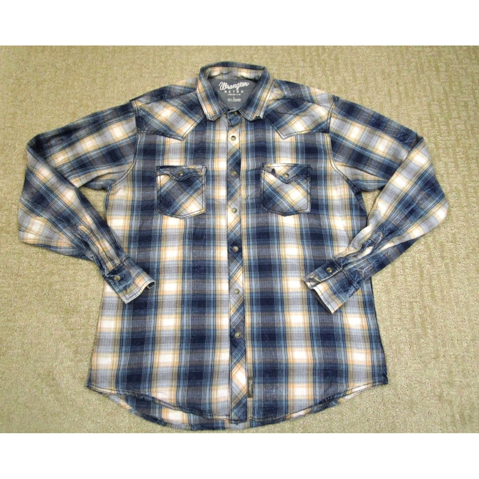 Wrangler Wrangler Shirt Men Large Blue Shadow Plaid Pearl Snap Long Sleeve Western Retro Cowboy - Mens Size US L / EU 52-54 / 3 - 2 Thumbnail