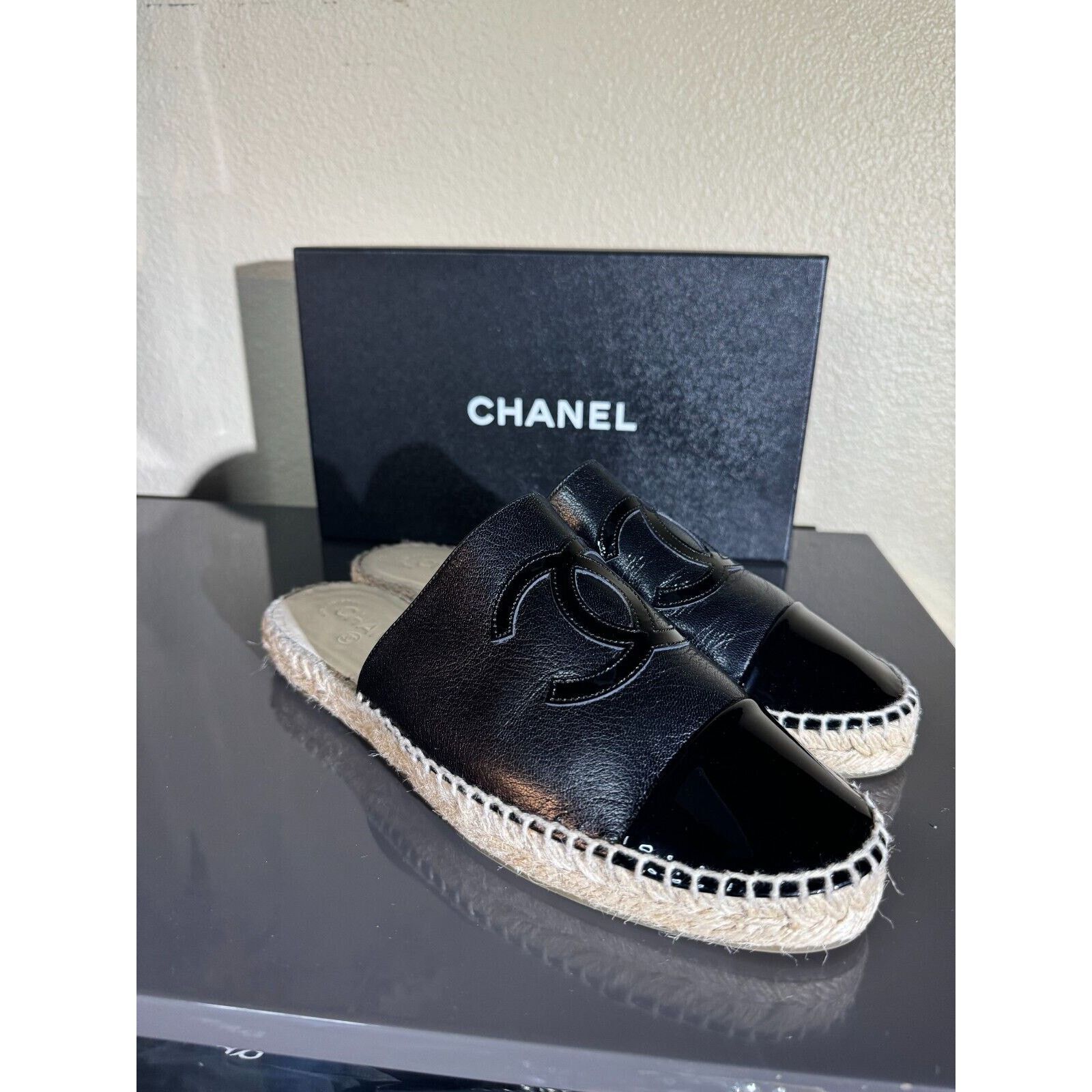 Chanel CHANEL Black Patent Backless Double Sole Espadrille Slide 41 Size US 10 / IT 40 - 2 Thumbnail