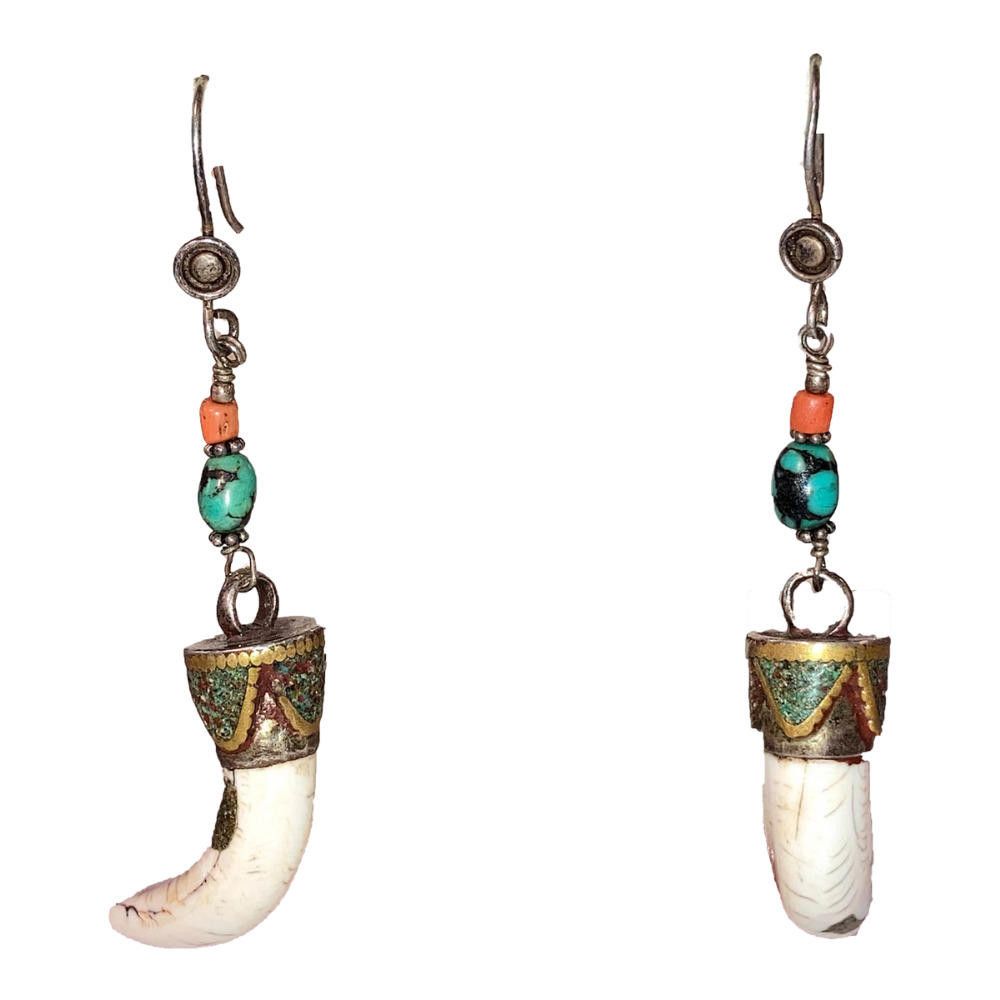 Designer Tibetan Sterling Red Coral Turquoise Shell Tusk Earrings Size ONE SIZE - 1 Thumbnail