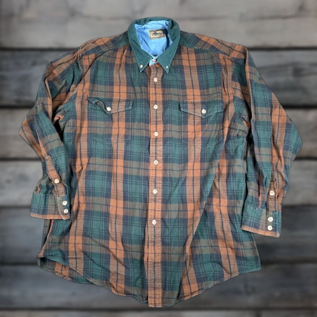 Roper VINTAGE Roper Plaid Button-Up Shirt Adult 2XL Green Brown Long Sleeve Cowboy Retro Mens Size US XXL / EU 58 / 5 - 1 Thumbnail