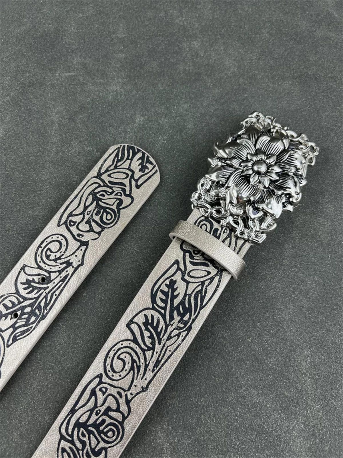 Leather Floral-Embossed Silver Buckle Belt Size ONE SIZE - 1 Thumbnail