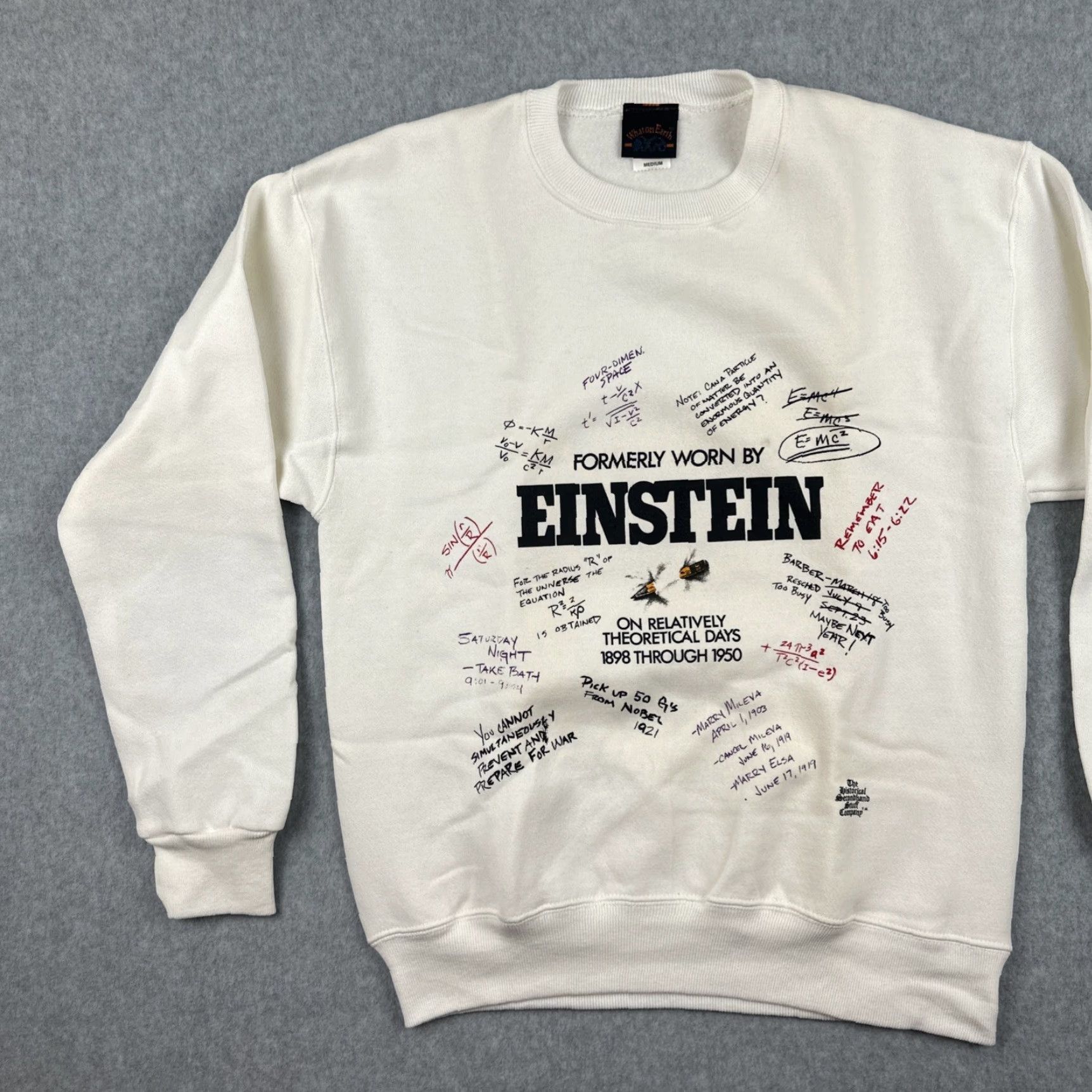 Vintage VINTAGE What On Earth Sweatshirt White Crew Neck M Mens Graphic Print Einstein Theoretical 90s Science Size US M / EU 48-50 / 2 - 3 Thumbnail