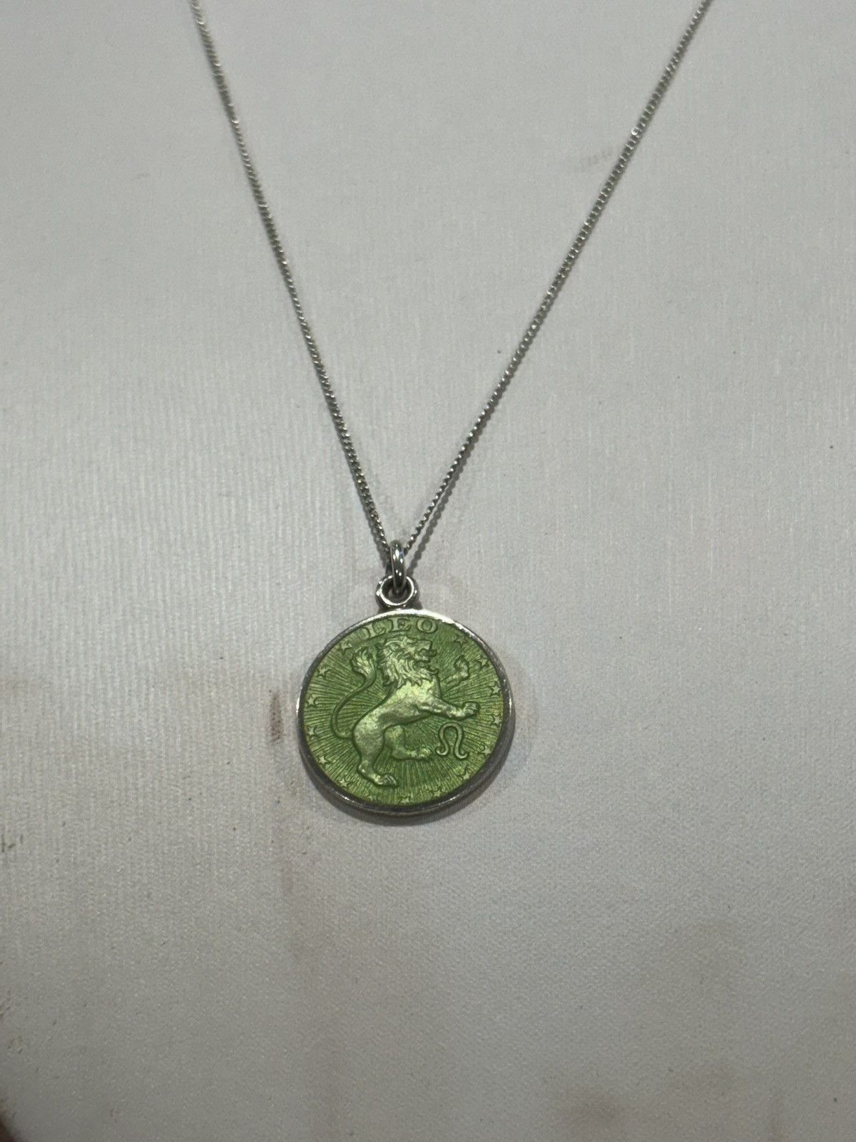 Sterling Silver Silver Leo Zodiac Necklace | Green Enamel Lion Medallion Size ONE SIZE - 2 Thumbnail