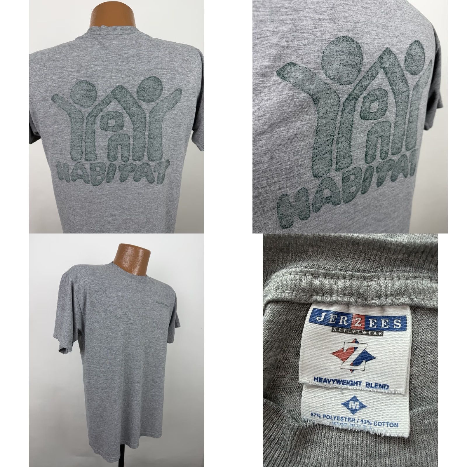 Jerzees VINTAGE Habitat for Humanity Shirt Mens Medium 90s Jerzees Heather Gray T-shirt Size US M / EU 48-50 / 2 - 8 Thumbnail