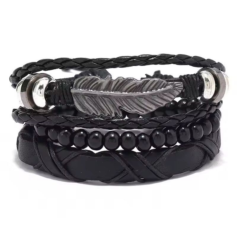 Leather Feather and Beads Adjustable Bracelet Size ONE SIZE - 4 Thumbnail