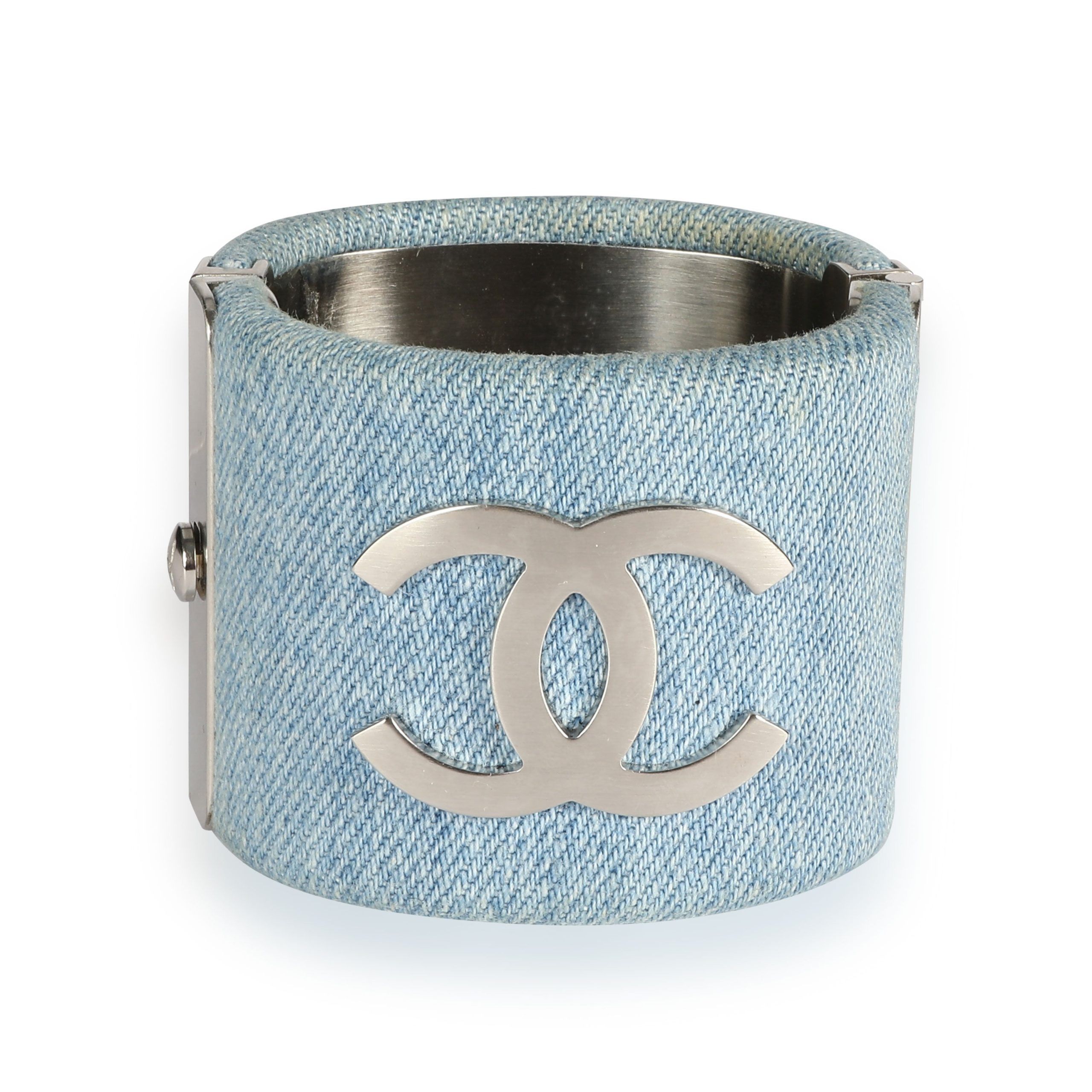 image of Chanel Cc Denim Cuff Bangle in Silver, Women's
