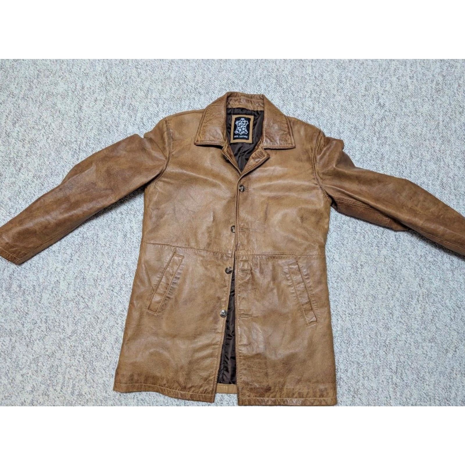 Vintage VINTAGE brown leather coat Mens Overcoat M 40 chest 22" 33" lightweight patina 1990s Mad Max style Size US M / EU 48-50 / 2 - 3 Thumbnail