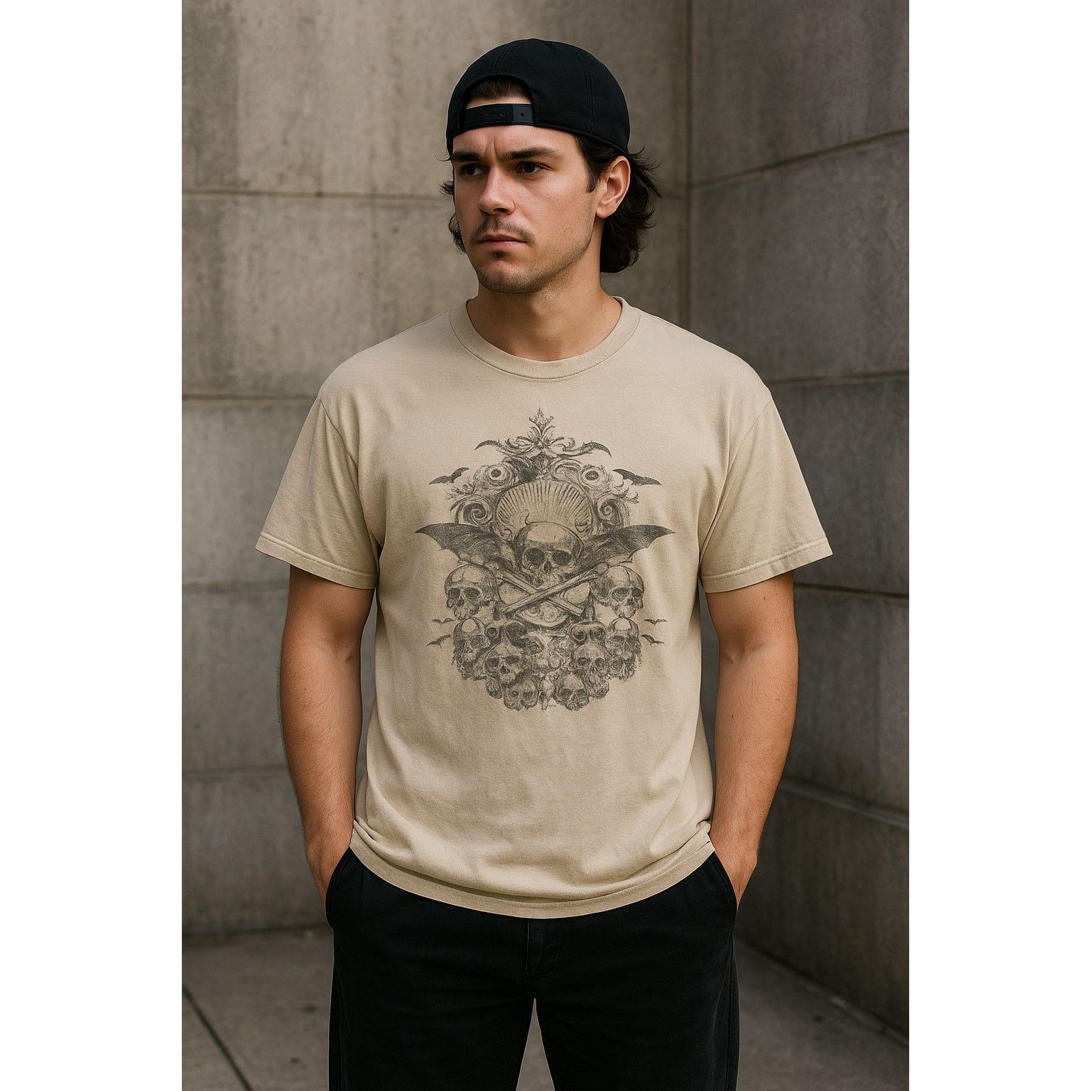 Other Y2K Gothic Skulls Bats Graphic Beige T-Shirt Route 66 2X Size US XXL / EU 58 / 5 - 1 Thumbnail
