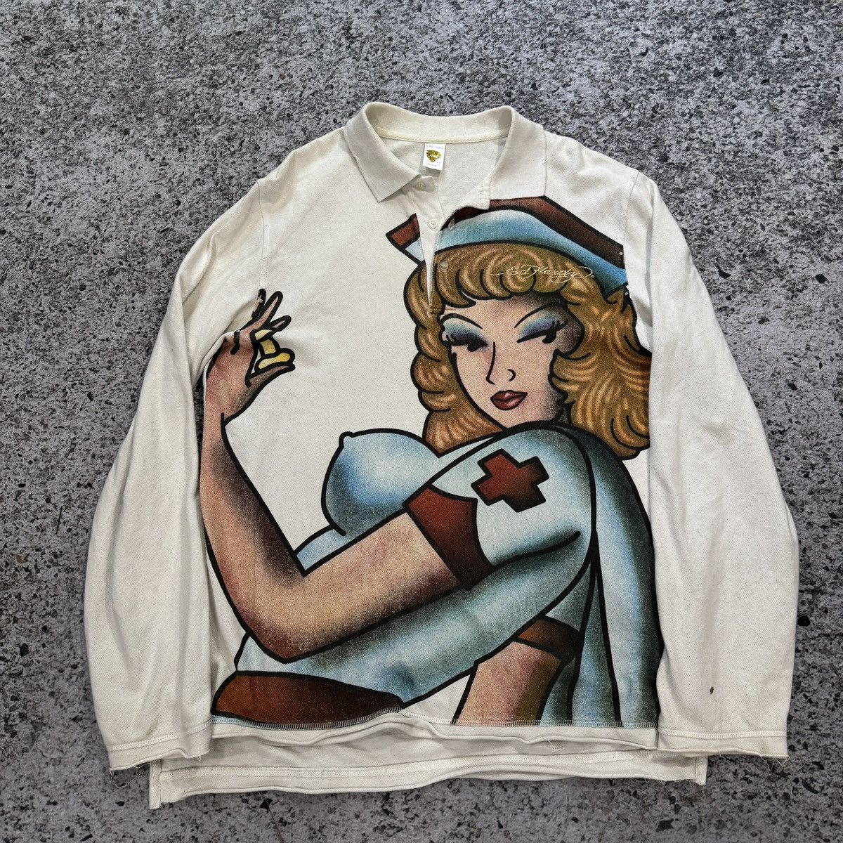 Ed Hardy Y2K Ed Hardy Thrashed Distressed Nurse Shirt ERD Grunge Size US L / EU 52-54 / 3 - 5 Thumbnail