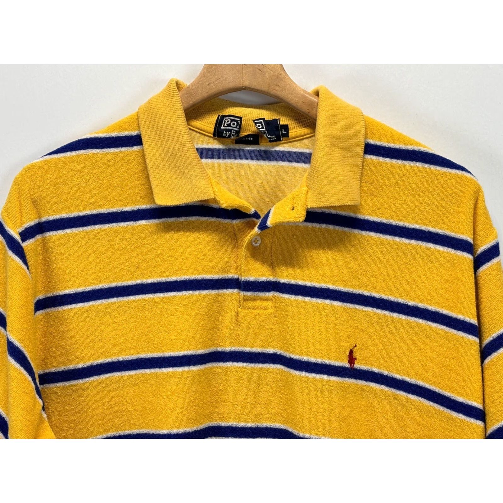 Ralph Lauren VINTAGE Polo Ralph Lauren Polo Shirt Men Striped French Terry Size L Yellow/Blue 52" Chest USA Made Polo Shirt Mens Size US L / EU 52-54 / 3 - 3 Thumbnail