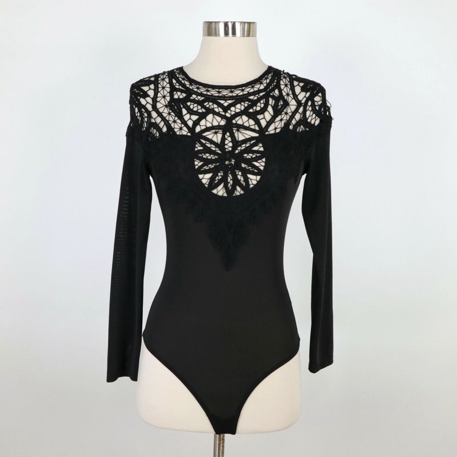 image of For Love Lemons For Love & Lemons Bodysuit Penelope Womens S Small Black Backless Crochet Thong in 