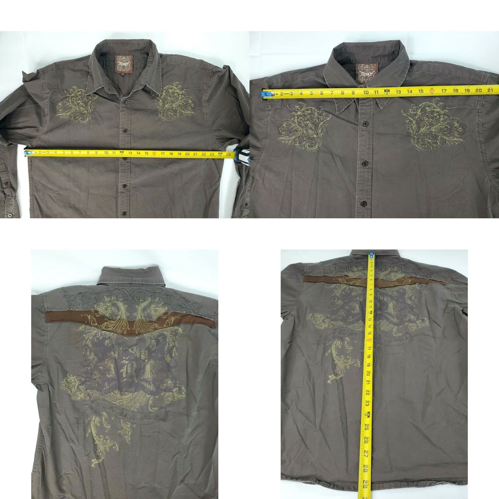 Roar Roar Shirt Button-Down Long Sleeve Men 2XL Brown Embroidered RELENTLESS Distressed Size US XXL / EU 58 / 5 - 8 Thumbnail