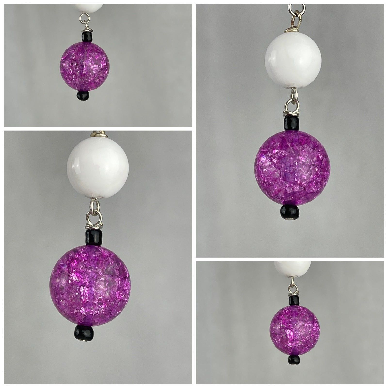 Handmade Crackle Glass Magenta Cream White Bead Earrings Handmade Size ONE SIZE - 9 Thumbnail