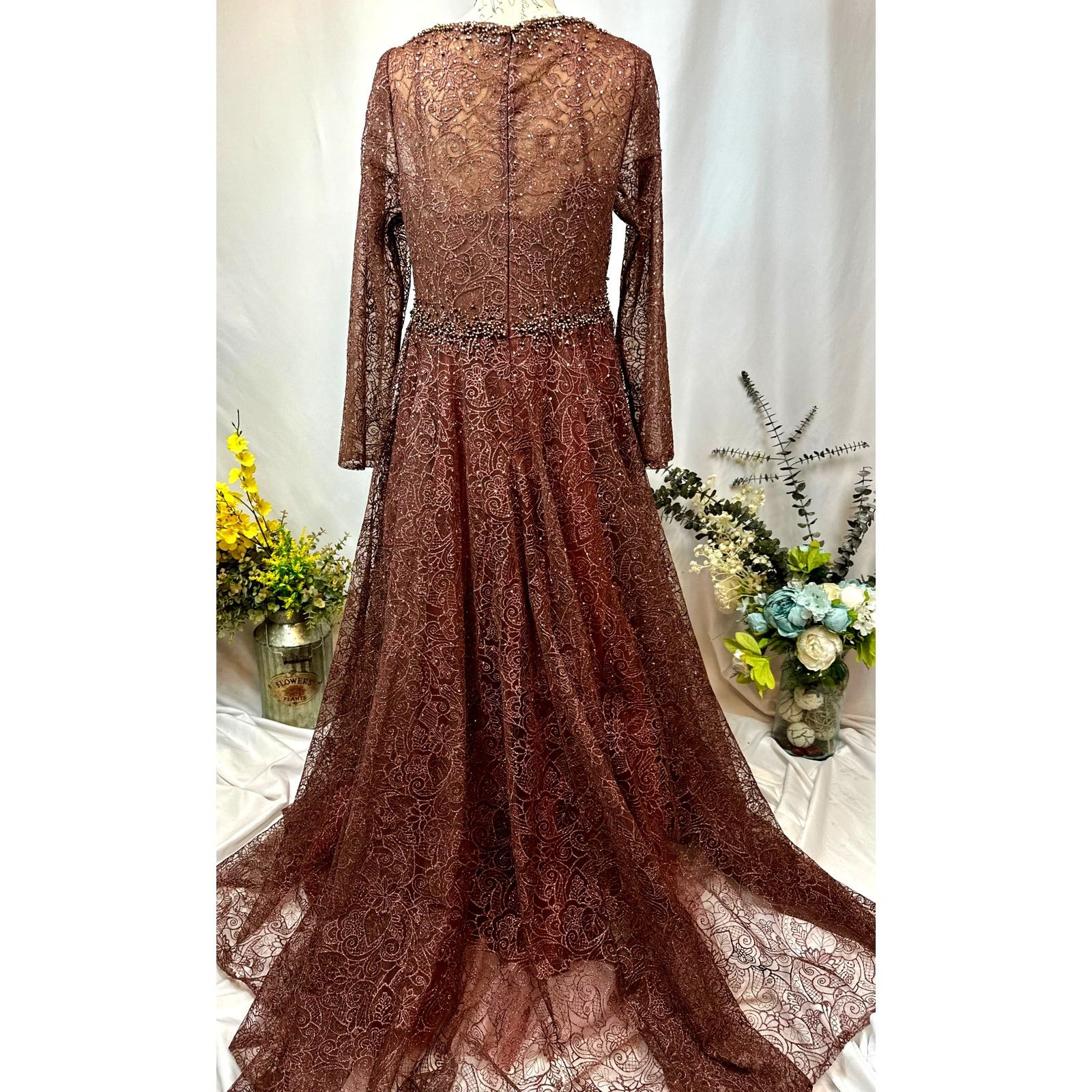 Other Mac Duggal Embellished Illusion V-Neck Gown Chocolate 12 Size XL / US 12-14 / IT 48-50 - 19 Thumbnail