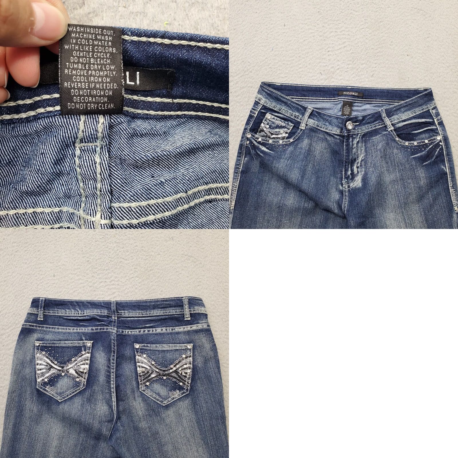 Vintage Roz & Ali Womens Bootcut Jeans Size 12 Blue Rhinestone Pocket Contrast Stitch Jeans Size 34" / US 12 / IT 48 - 8 Thumbnail