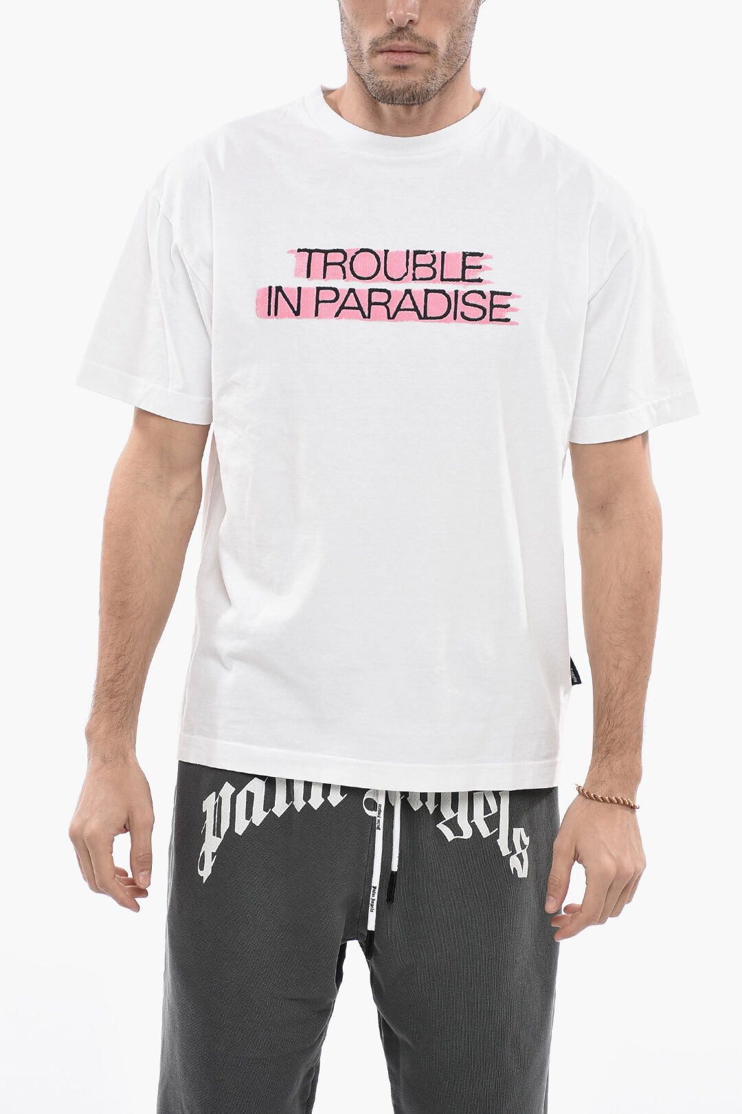 image of Palm Angels Og1Mm0524 Trouble Paradise Crewneck T-Shirt In White, Men's (Size XS)