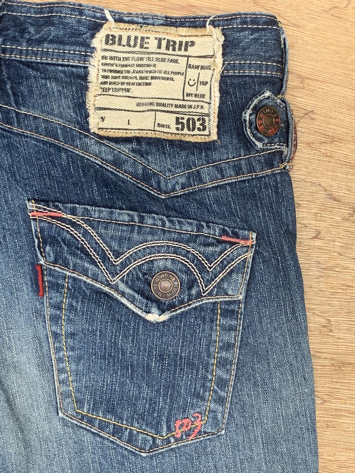 Edwin Rare.. Edwin Lot 503 Blue Trip Flare Bootcut Denim Pants Size US 31 - 19 Thumbnail