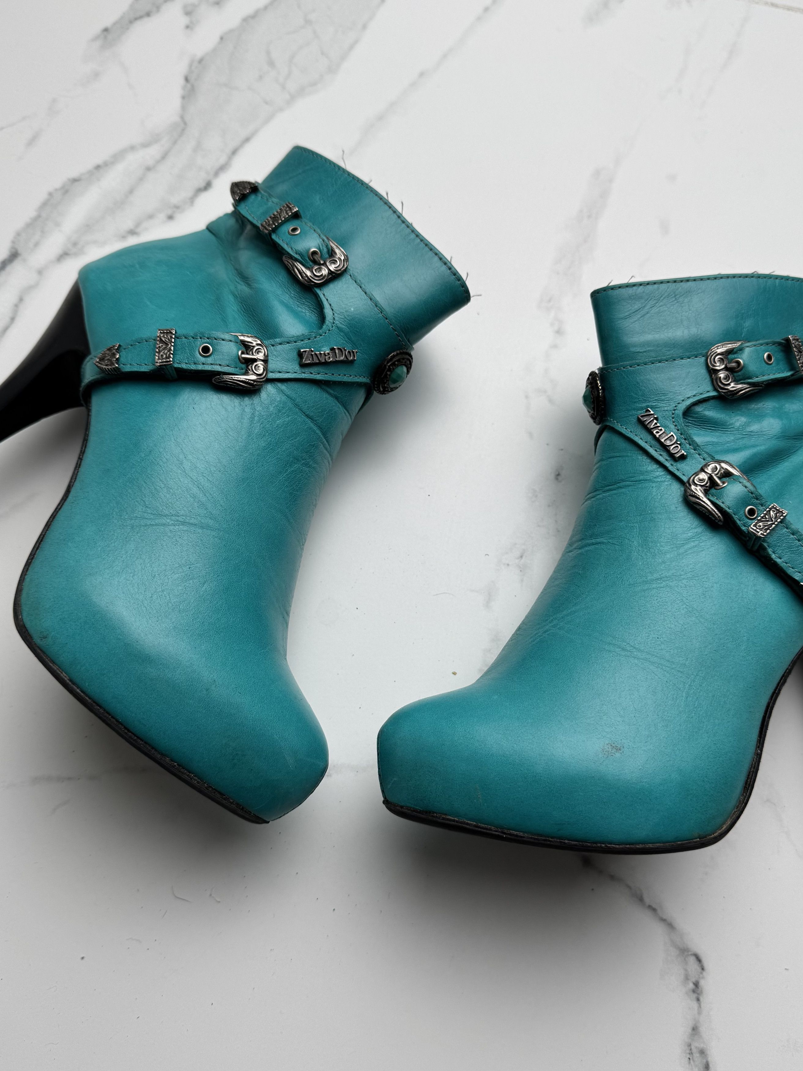Vintage Y2K Turquoise High Heel Ankle Boots Leather Buckle Booties Size US 6 / IT 36 - 2 Thumbnail