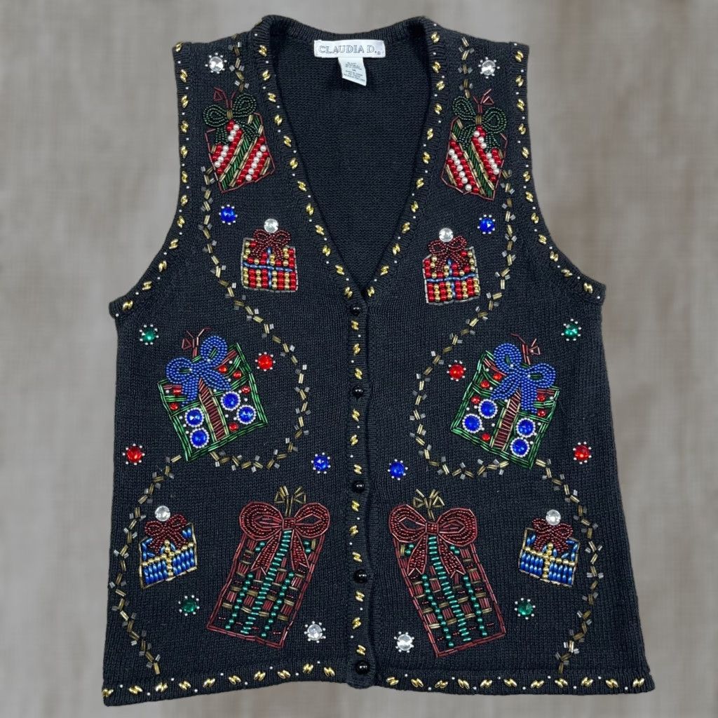 Vintage VINTAGE Claudia D Sweater Vest Women M Black Christmas 90s Beads Embroidered Logo Knit Heavyweight Vest Mens Womens Size M / US 6-8 / IT 42-44 - 1 Thumbnail