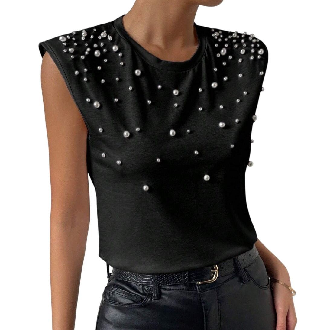 Shein Privé Pearls Beaded Shoulder Pad Tank Top in Black, Size S Size S / US 4 / IT 40 - 1 Thumbnail