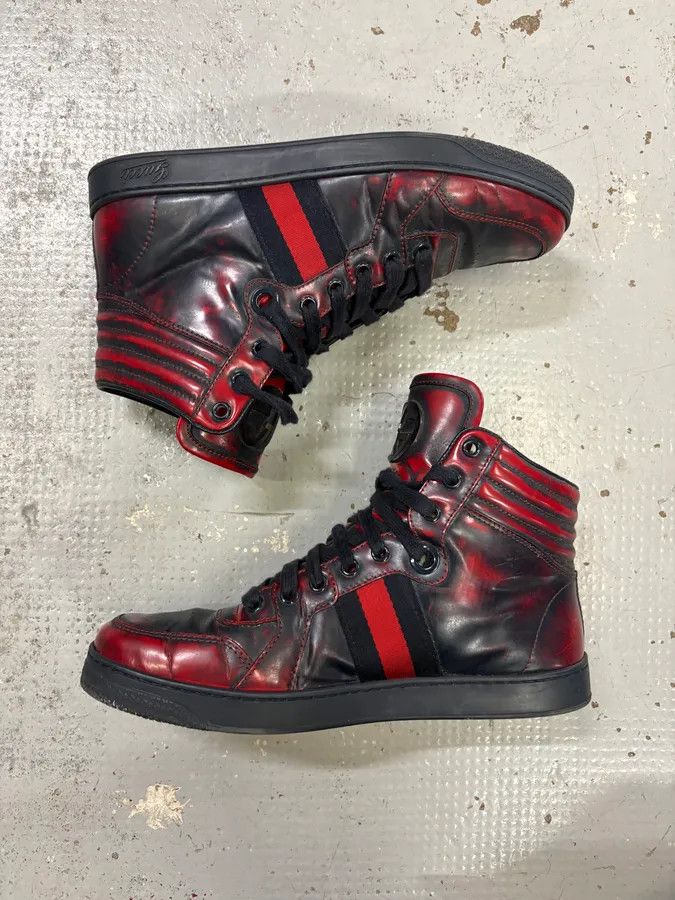 Gucci Gucci Red Black Leather Logo High-Top Sneakers Size US 6.5 / IT 36.5 - 3 Thumbnail