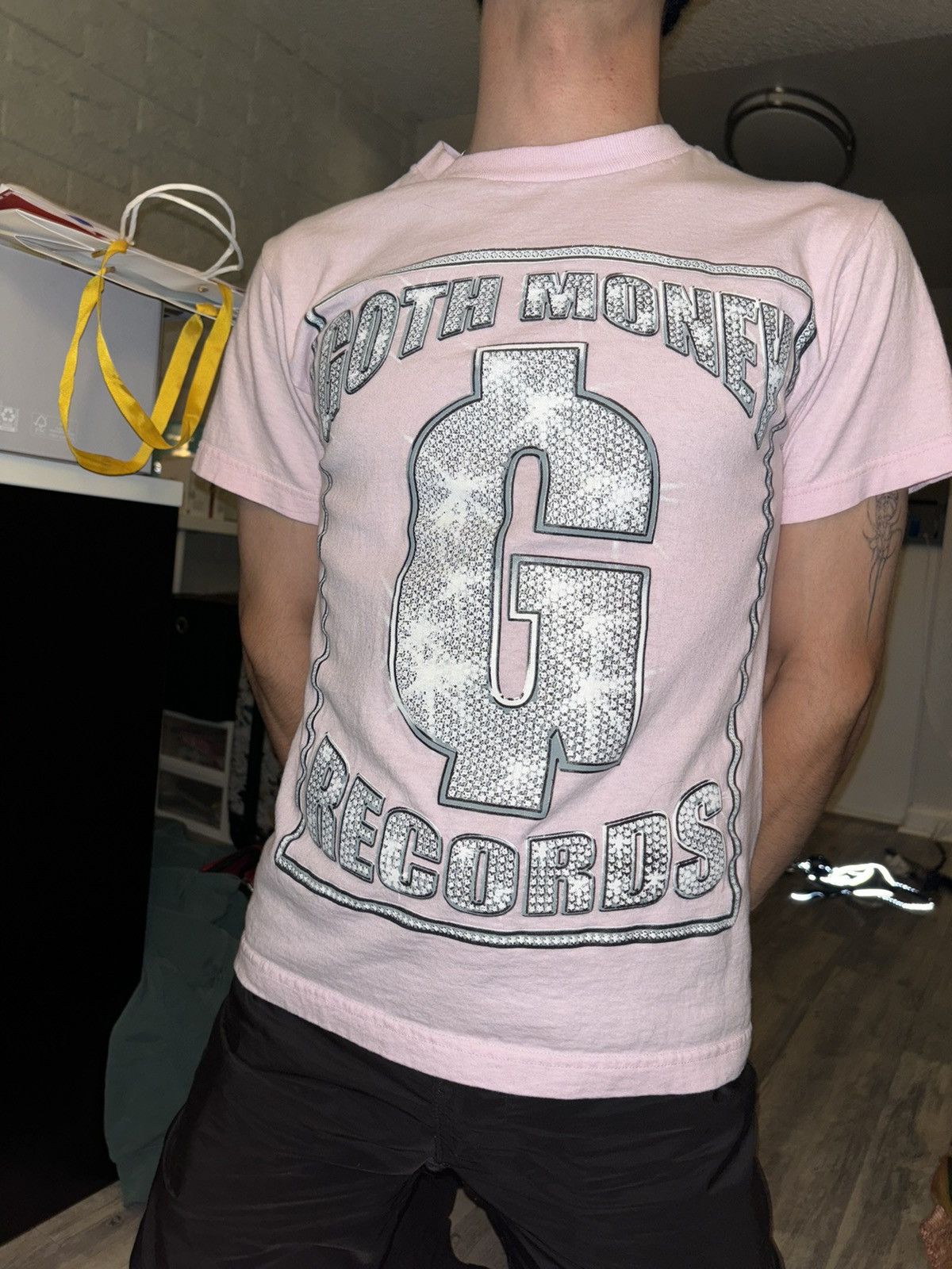 image of Goth&money Goth Money Records Pink Bling Tee, Men's (Size Small)