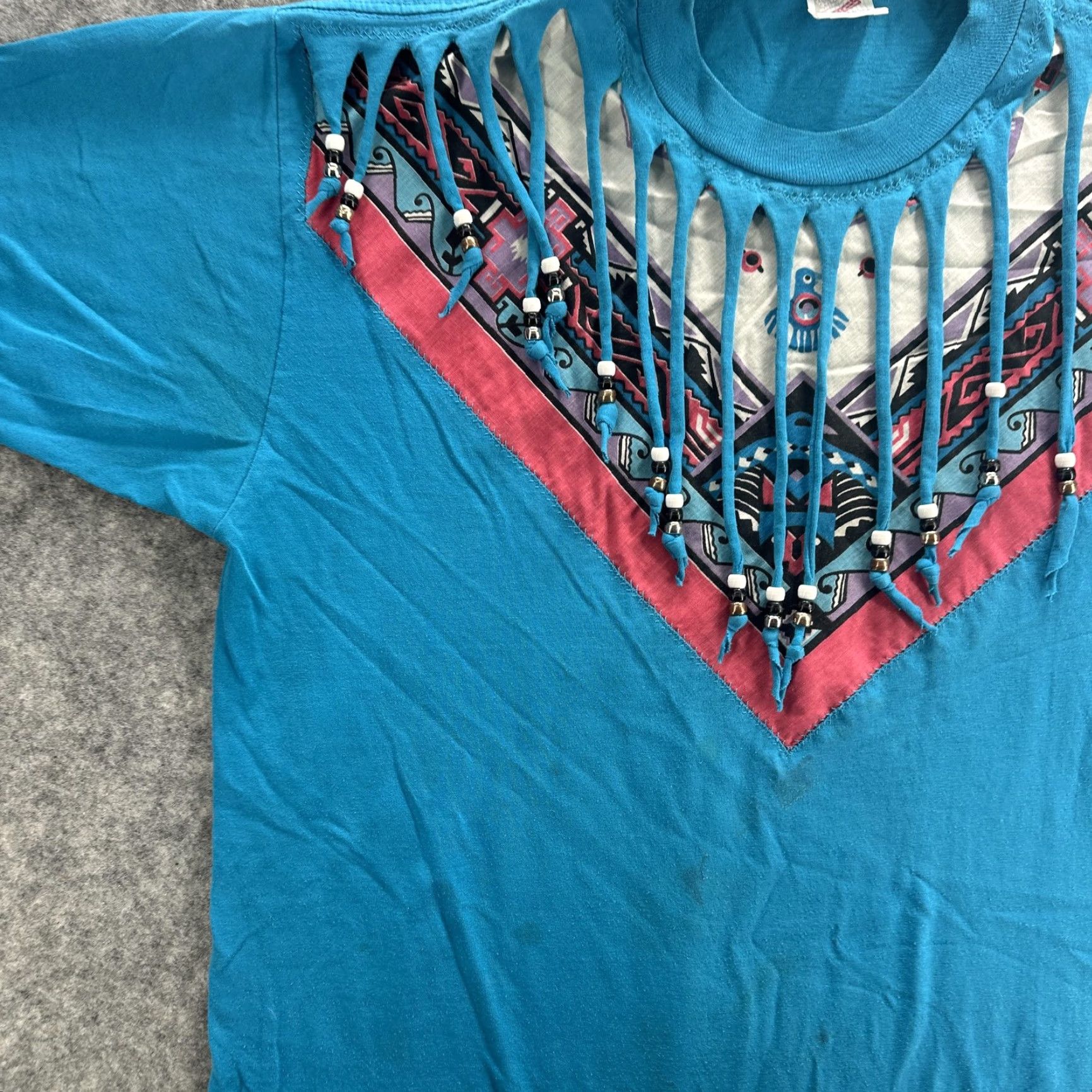 Jerzees Vintage Jerzees Shirt Mens XL Blue Aztec Fringe Beads Southwestern USA 90s Size US XL / EU 56 / 4 - 3 Thumbnail
