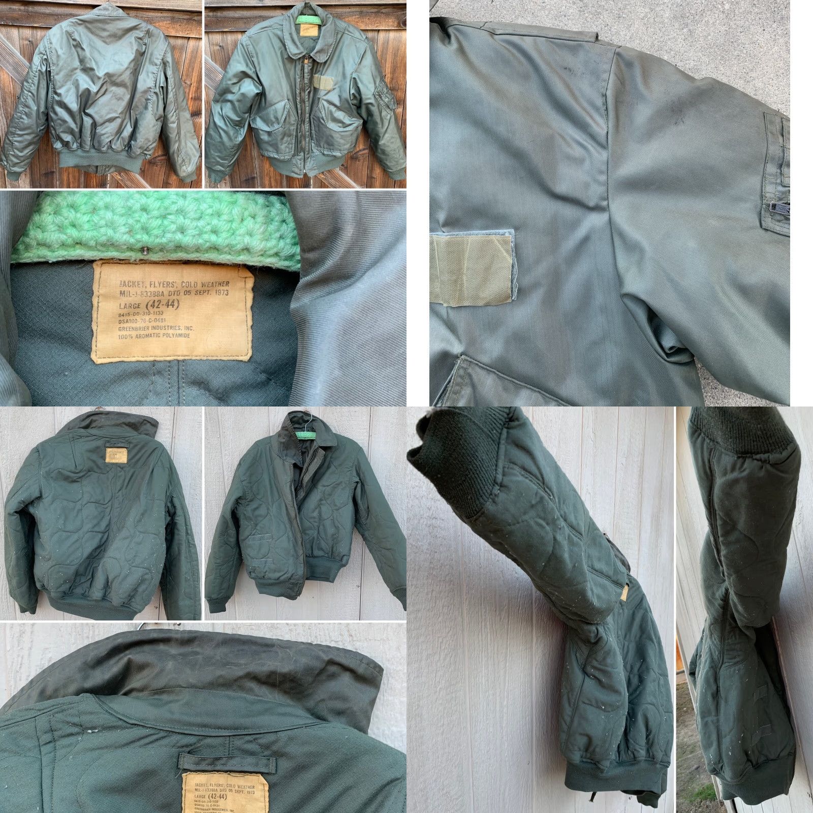 Vintage VINTAGE MIL-J-83388A DTG 05 SEPT 1973 LARGE 42-44 Greenbrier Industries, Inc. JACKET, FLYERS, COLD WEATHER GREEN 1970s Mens L Size US L / EU 52-54 / 3 - 9 Thumbnail