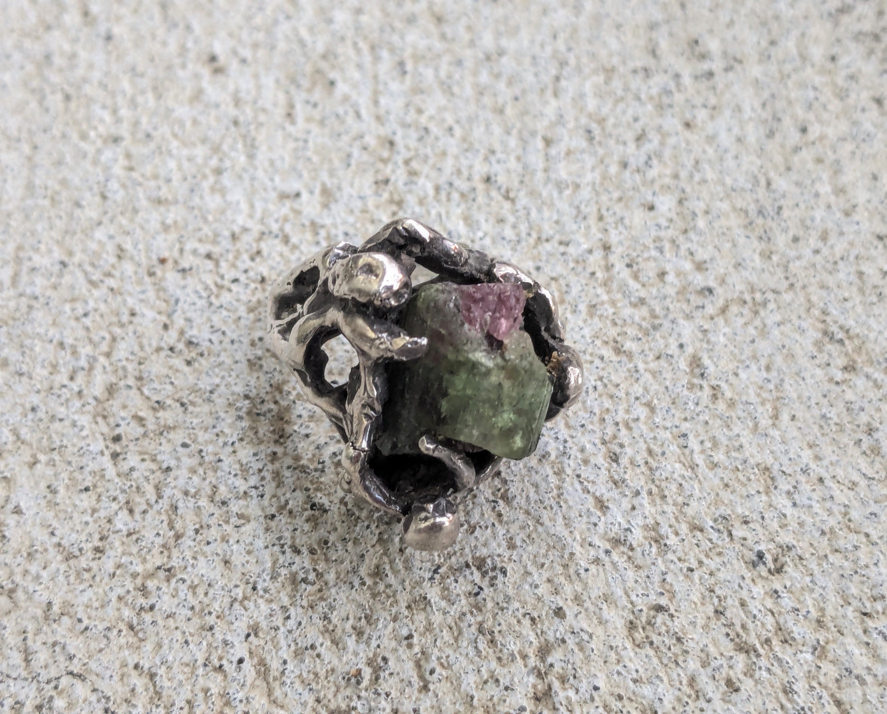 Vintage Vintage Sterling Silver Ring Watermelon Tourmaline Brutalist Size ONE SIZE - 4 Thumbnail