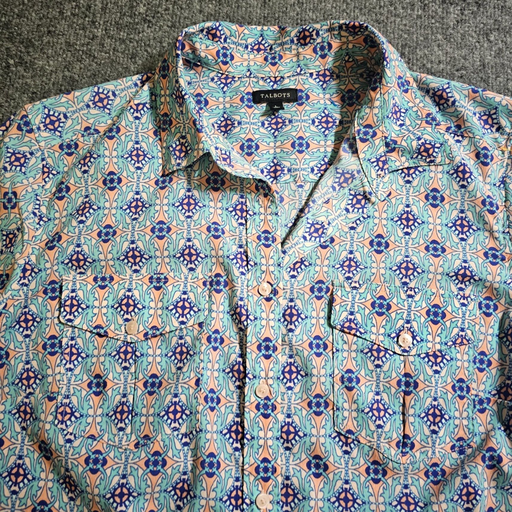 Talbots Talbots Top Shirt Womens Large Blue Geometric Long Sleeve Button Casual Career Size L / US 10 / IT 46 - 2 Thumbnail