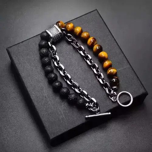 Other Black Matte + Brown Tiger Eye Bead + Chain Bracelet Size ONE SIZE - 4 Thumbnail