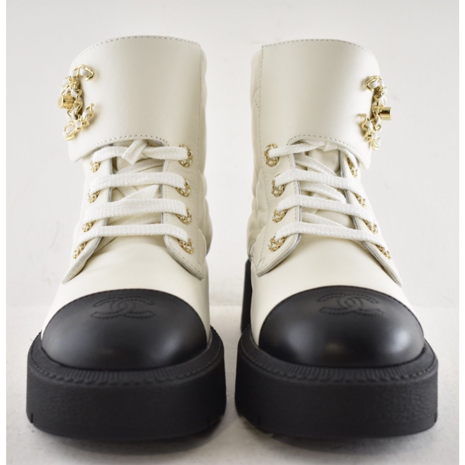 Chanel Chanel 24B White Quilt Gold CC Chain Combat Boots 37c Size US 6 / IT 36 - 13 Thumbnail