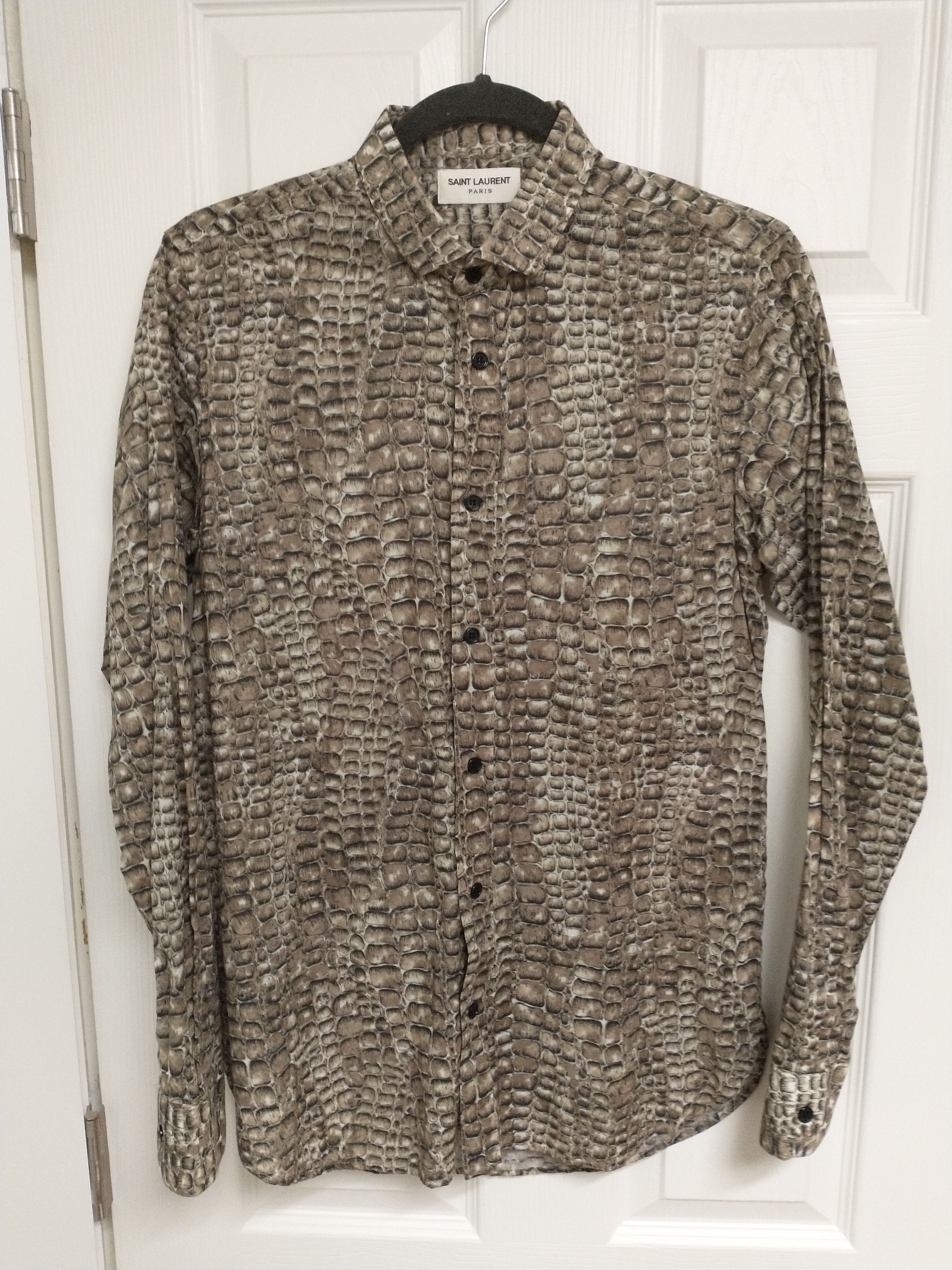 image of Hedi Slimane x Saint Laurent Paris Fw13 Crocodile Print Shirt 37 14.5 in Brown, Men's (Size Small)