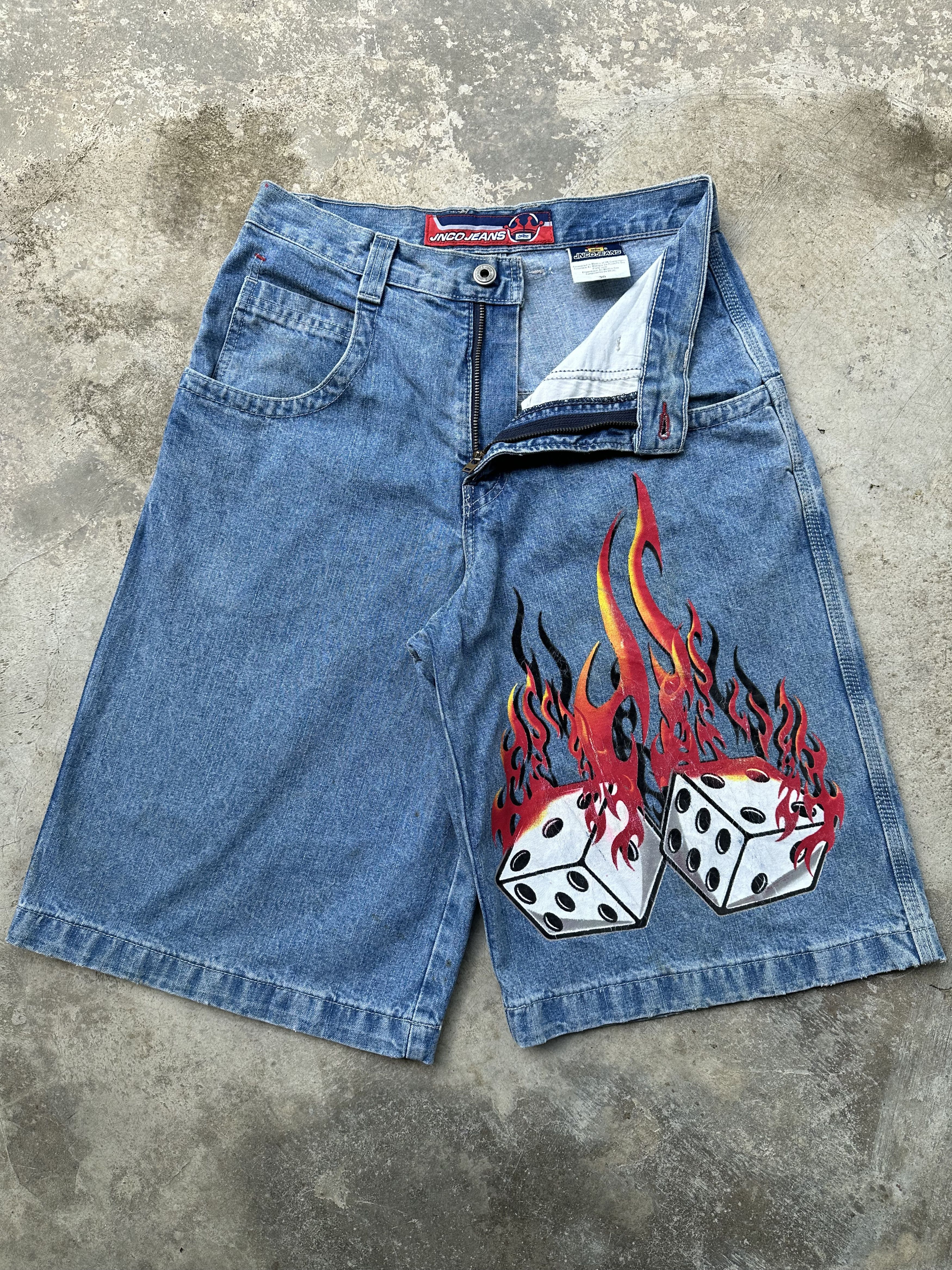 JNCO × Vintage 🔥🔥🔥 90s CRAZY SICK JNCO FLAMING DICE JEANS SHORT JORTS Size US 30 / EU 46 - 3 Thumbnail