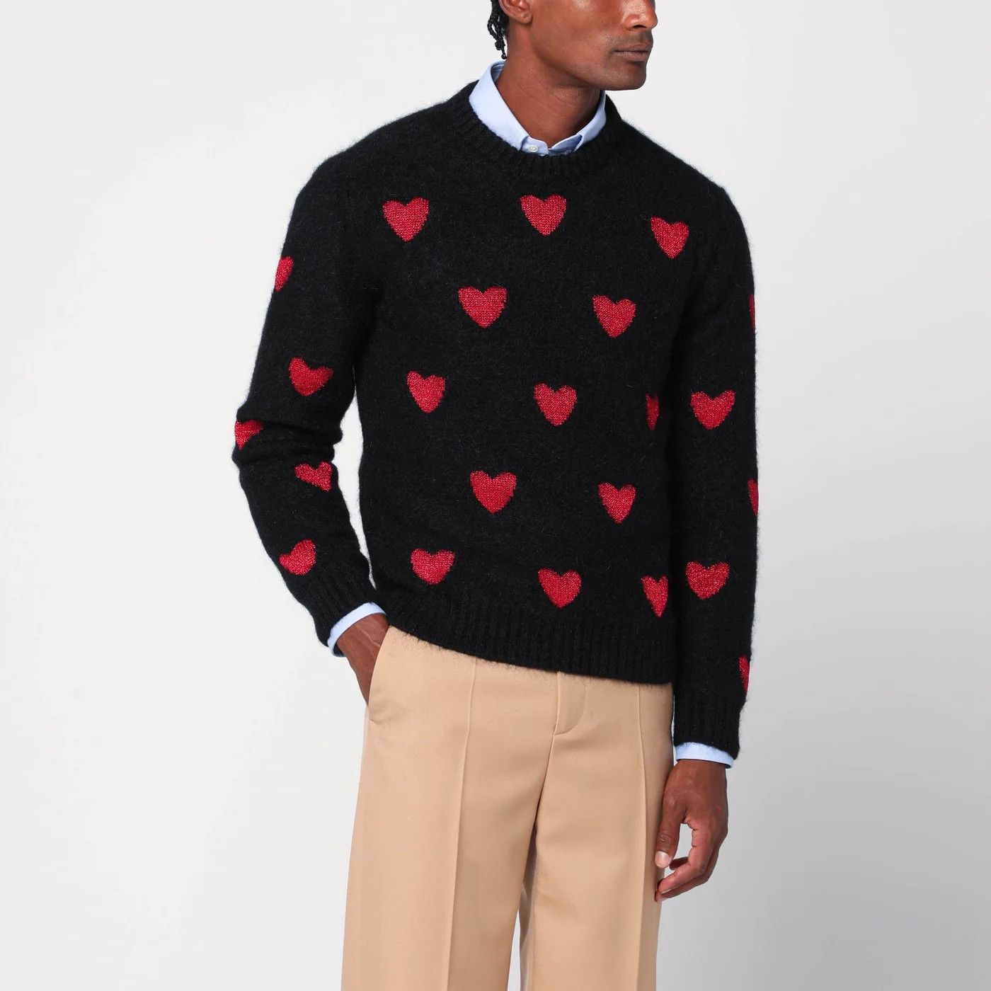 Valentino o1d2blof0326 Jacquard Heart Pattern Sweater in Black/Red Size US M / EU 48-50 / 2 - 4 Thumbnail