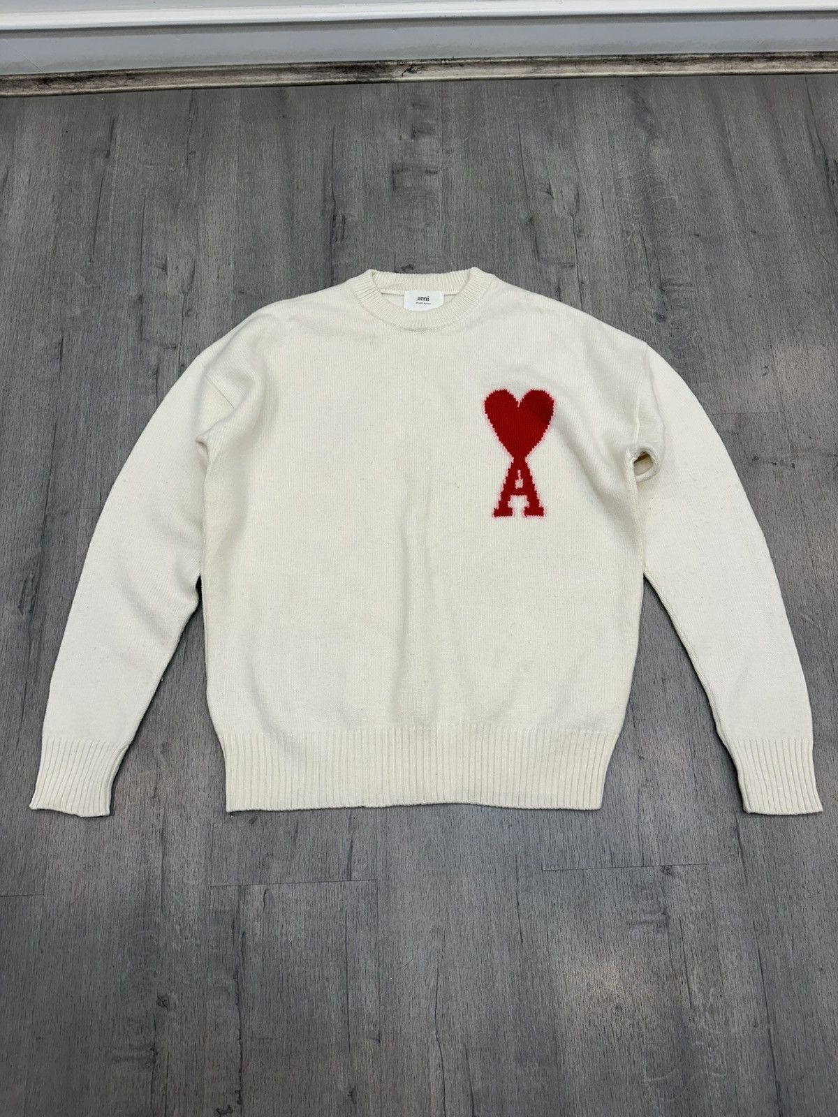 AMI Paris Ami de Cœur Heart Logo Wool Knit Sweater white
