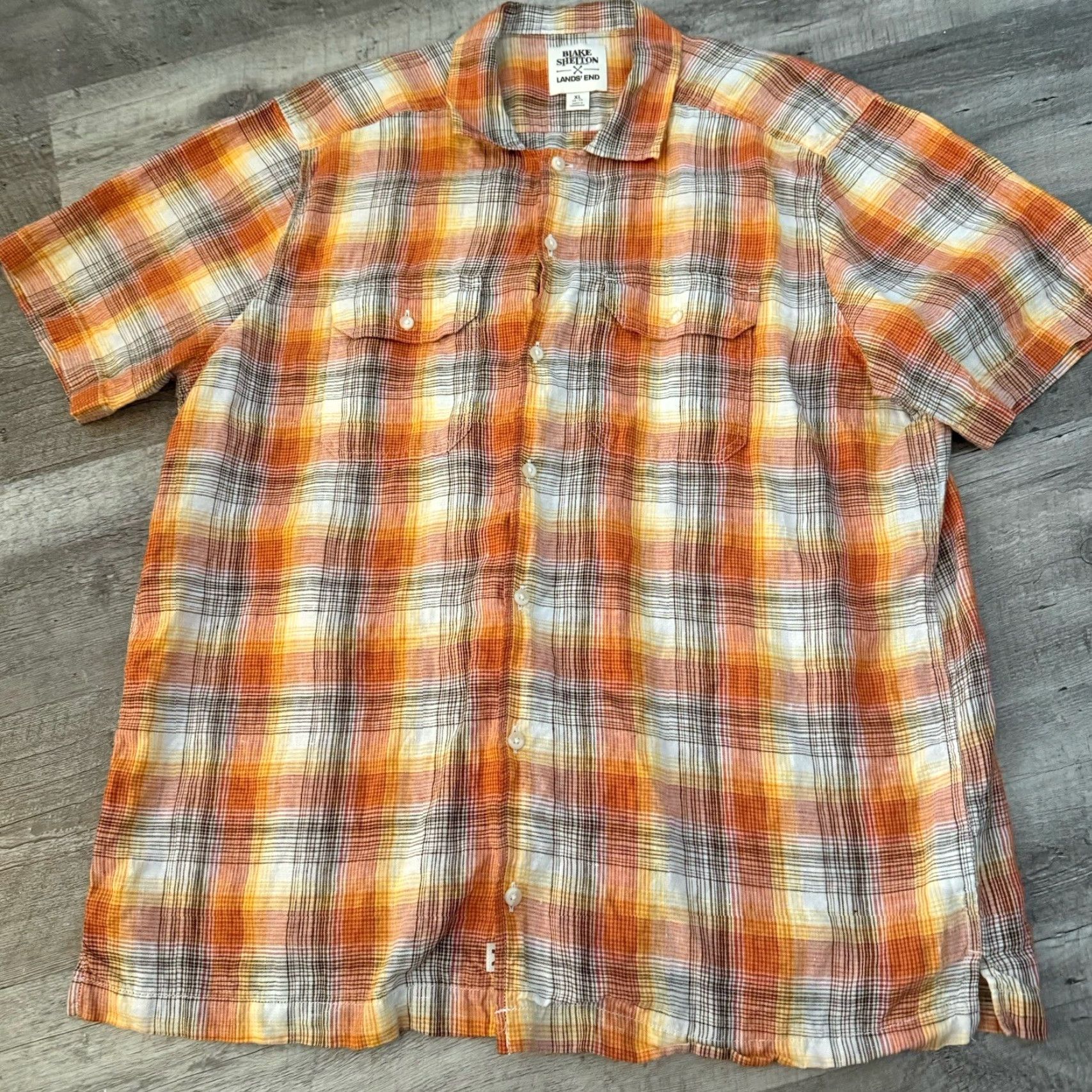 Lands' End Lands End x Blake Shelton Shirt Mens XL Orange Plaid Button Up 100% Linen Short Sleeve Size US XL / EU 56 / 4 - 7 Thumbnail